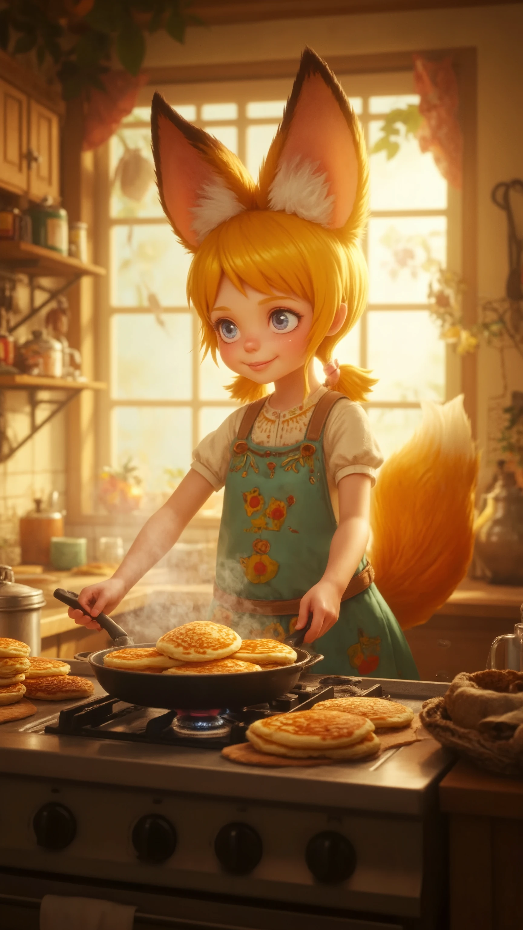 high-definition images、A fox girl is making pancakes in the kitchen。