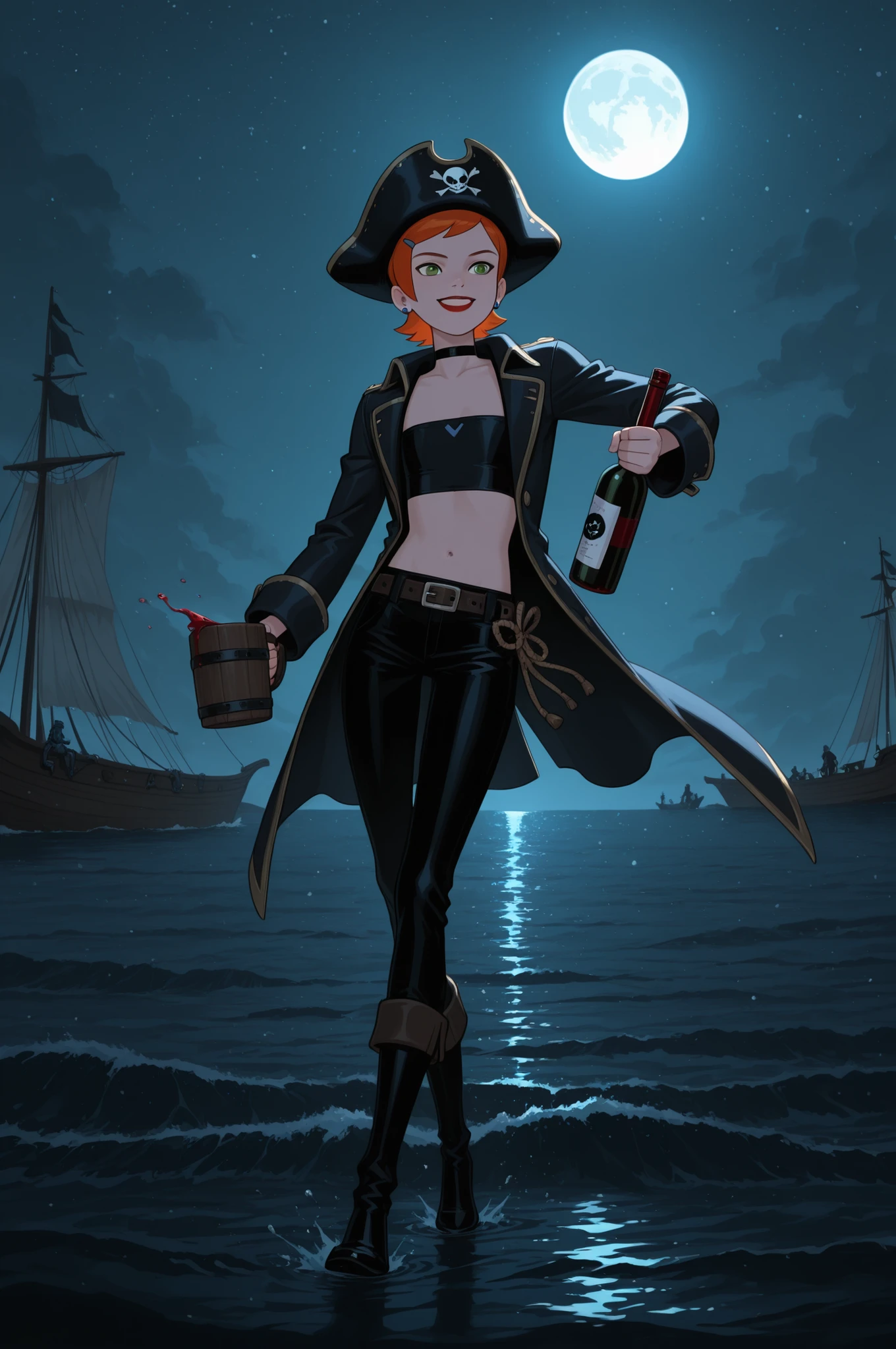 Gwen Tennyson . red ginger . short hair . green eyes . red lips, flat breasts, flat chest, huge hips . slim body . choker . | shortage々the figure of a pirate、wine , having a wine bottle , under the moonlight、is decorative on the bow Carved wooden mermaid statue 。 long dreadlocks swaying in the wind、triangular leather hat、frayed pirate coat、weathered skin（skin exposed to wind and rain）。 moonlight leaking through the clouds、creates a fantastic view of the sailing ship deck 。 long dreadlocks swaying in the wind、moonlight 。 Shining in the light of scales、An old helm、entangled rope、handrails with glowing salt crystals 。 ropes and sail poles float in the moonlight、with large sails gently in the night wind 。 in the background、The starry sky spreads、moonlight 。 moonlight 。 cinematic composition、deck with scattered wooden barrels and navigation equipment {x} drinking wine in a wooden mug {x} the silver light of the full moon illuminates the black surface of the sea {x} heavy wooden mug filled with deep red wine {x} dramatic lighting with moonlight shining through dark colors、pirate fantasy、Adventure、8K ultra-high resolution、photorealistic、Age of Discovery 