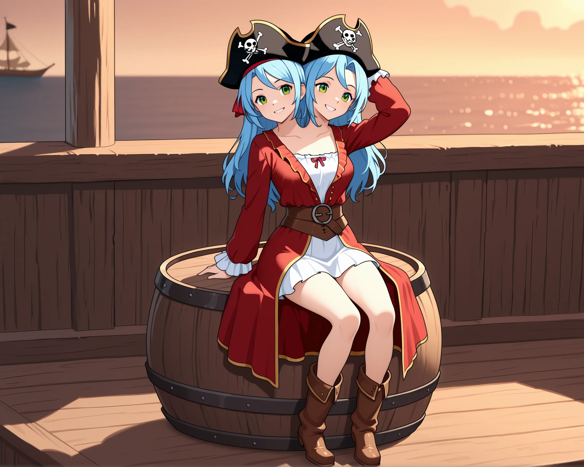 conjoined, anime girl with two heads, pirate, long blue hair, green eyes, casual, pirate clothes, relaxed, smiling, sitting on a barrel, shipyard, ship docked in background