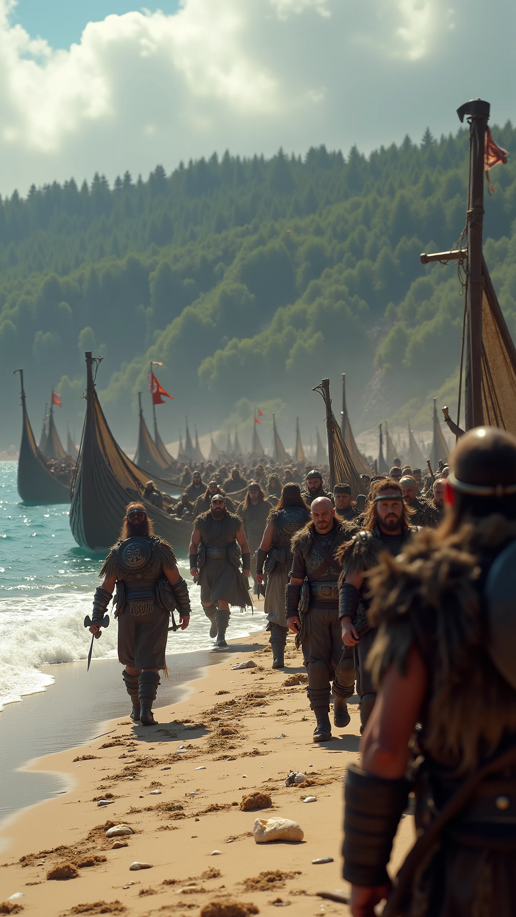 high-definition images、an image of Vikings landing on the American continent、lots of Vikings、A flotilla arrives on a sandy beach