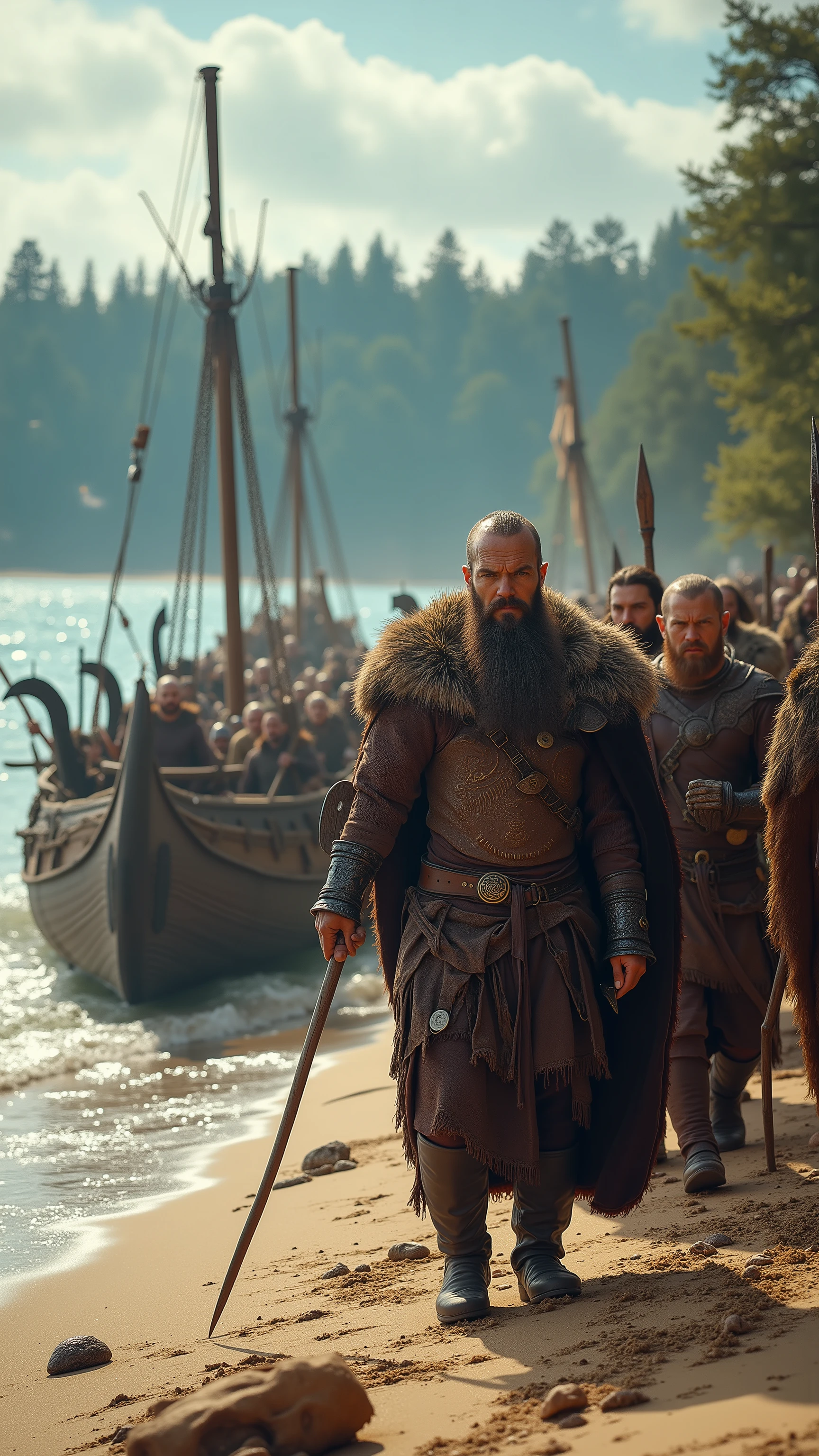 high-definition images、an image of Vikings landing on the American continent、lots of Vikings、A flotilla arrives on a sandy beach