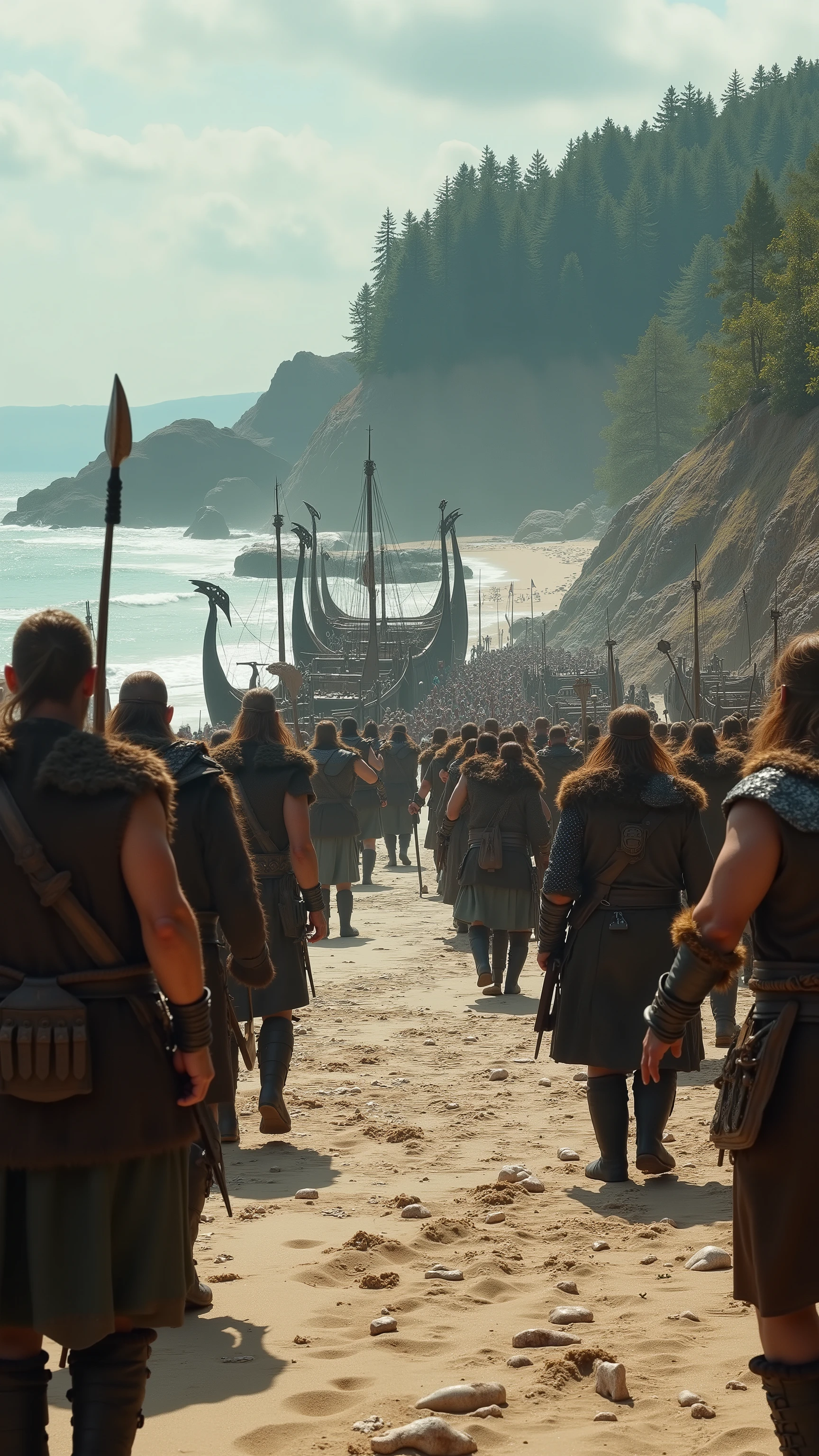 high-definition images、an image of Vikings landing on the American continent、lots of Vikings、A flotilla arrives on a sandy beach