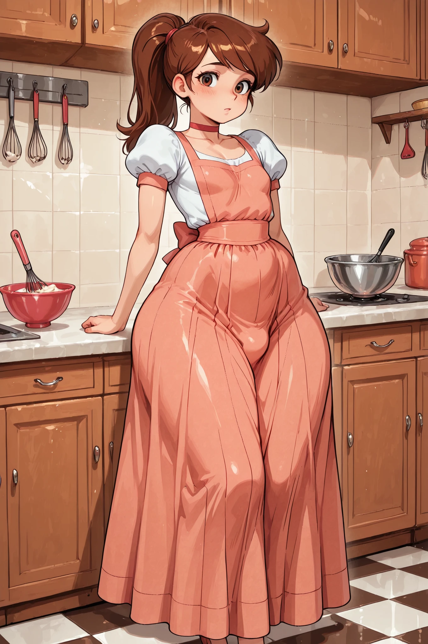 Princess Marco. brown eyes, brown hair, ponytail. small breasts. huge hips. slim body. choker. femboy, crossdressing,|masterpiece, best quality, newest, solo, 1girl, retro kitchen, indoors, checkered floor, tile floor, shelf, counter, cabinet, whisk, bowl, long skirt
