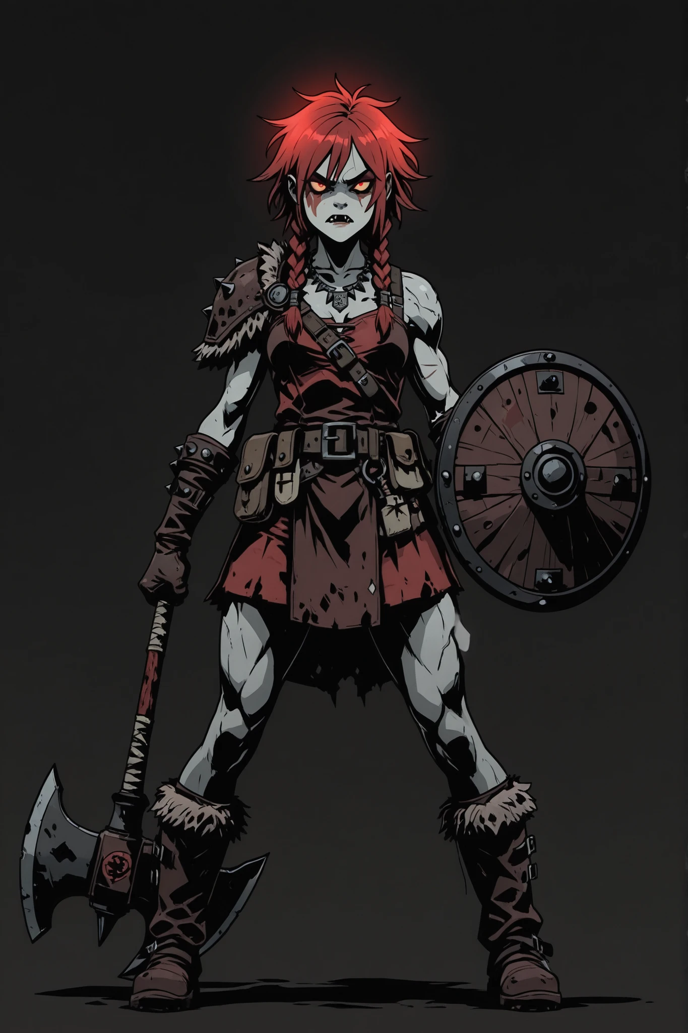 high quality, masterpiece, best quality, 1 female, barbarian warrior, scarlet red hair, northern barbarian outfit, nordic aesthetics, fur-trimmed leather armor, decorative metal accents, battle axe, shield, runic engravings, viking-inspired braids, warpaint, muscular physique, fierce expression, asymmetrical undercut hairstyle, combat bracers, shoulder pads, weapon accessories, utility belt with pouches, leather straps, fangs necklace, fur boots, standing in A-pose, full body shot, anatomically correct proportions, sharp defined features, Gorillaz and wakfu style, dark DnD fantasy fusion, high contrast lighting, deep shadows, glowing highlights, greyscale palette, stark black outlines, bold stylized shading, blank grey background, character concept reference art, professional illustration, portfolio quality