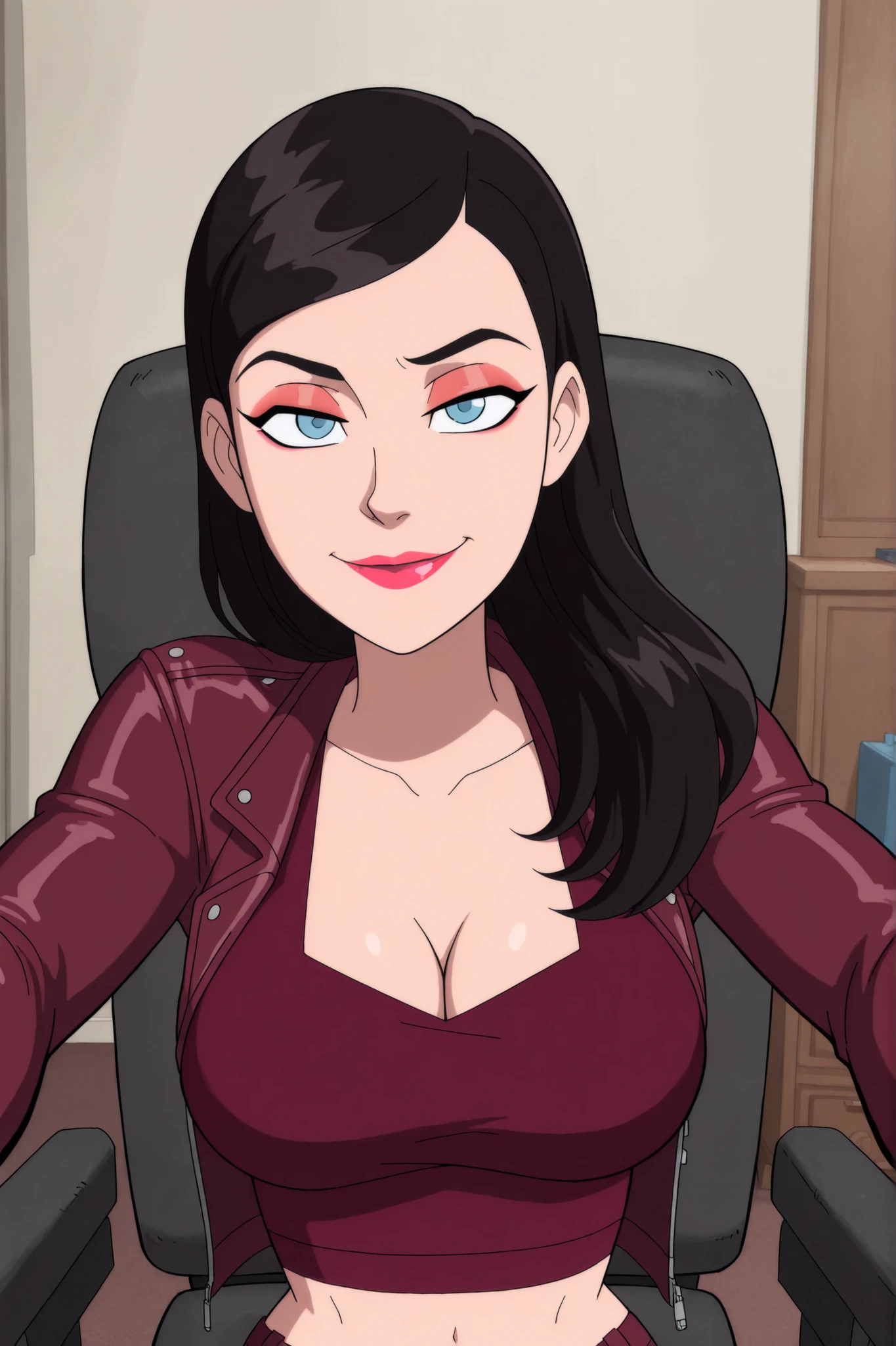 BREAK, score_6_up, score_7_up, score_8_up, score_9, 1girl, solo, loislane, black hair, long hair, makeup, lipstick, blue eyes, large breasts, cleavage, curvy, athletic, looking at viewer, seducing viewer, teasing viewer, smiling, closed mouth, seductive expression, bedroom eyes, busty, long sleeves, maroon leather jacket, maroon crop top, maroon jeans, indoors, bedroom, sitting in chair, portrait, closeup, upper body, high-angle view, red eyeshadow