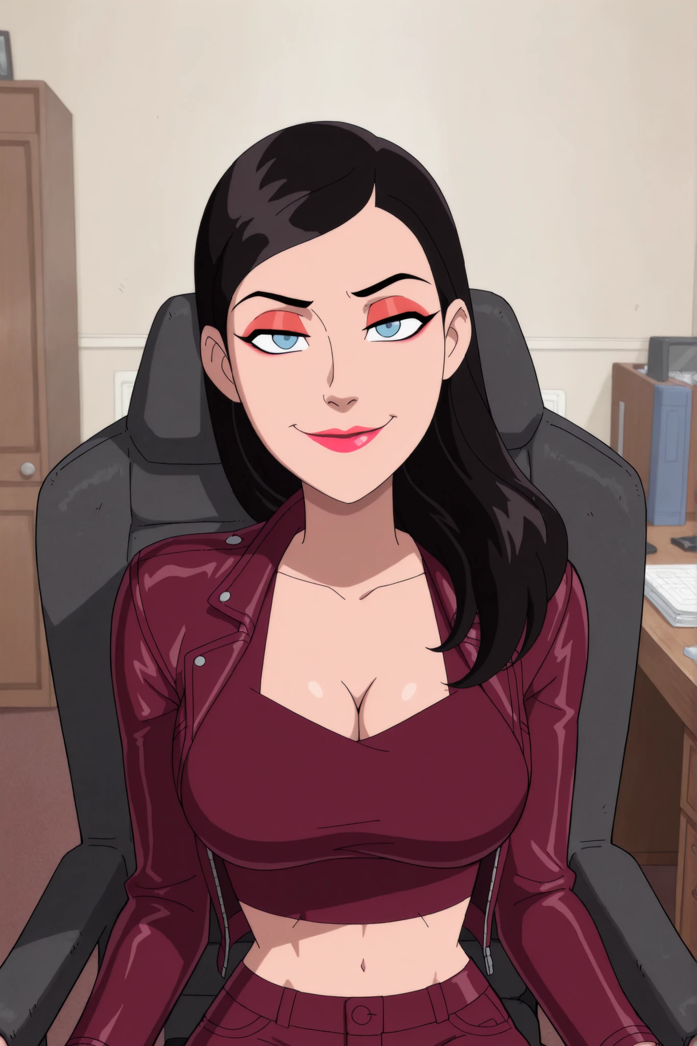 BREAK, score_6_up, score_7_up, score_8_up, score_9, 1girl, solo, loislane, black hair, long hair, makeup, lipstick, blue eyes, large breasts, cleavage, curvy, athletic, looking at viewer, seducing viewer, teasing viewer, smiling, closed mouth, seductive expression, bedroom eyes, busty, long sleeves, maroon leather jacket, maroon crop top, maroon jeans, indoors, bedroom, sitting in chair, portrait, closeup, upper body, high-angle view, red eyeshadow