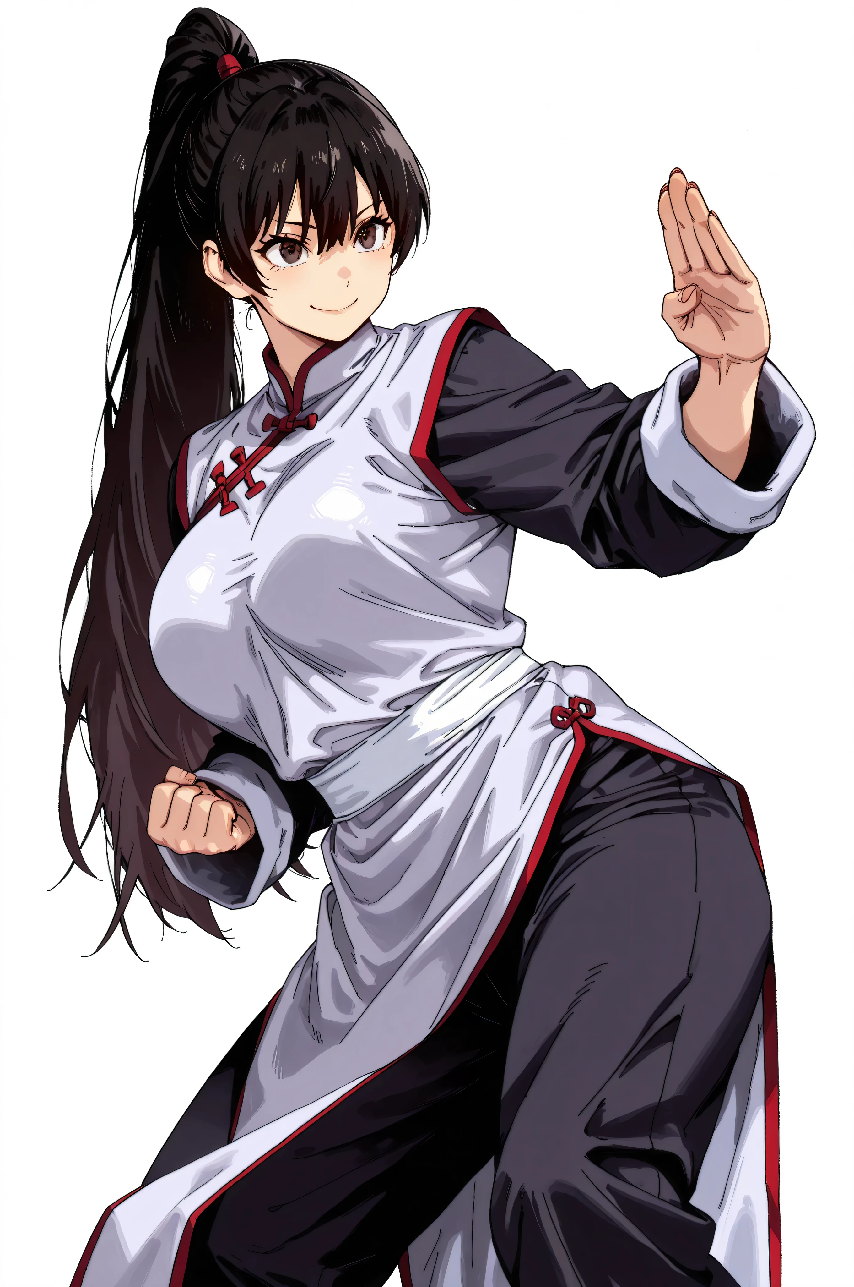 gsfghtr, multicolored robe, chinese clothes,KungFuUniform,score_9, score_8_up, score_7_up, gsfghtr, 1girl, smile serious, long ponytail, kohei horitoshi, white background, mature female, breasts, kung fu stance, view from head to thigh, standing, pants, 