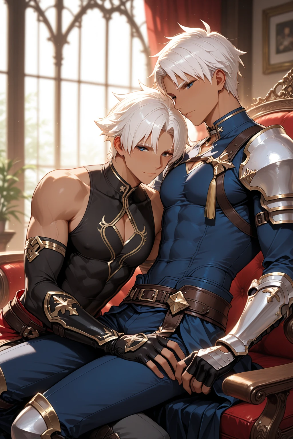 （2 adult men），high resolution， sharp focus， pixiv masterpiece， （（intricate details））， very detailed， Natsuki_subaru， 2 people,((wearing tight armor))，The look of a perfect man，다리에 ， I lower my head nervously.，be ashamed，Panic，I was shocked.，Panic，care，그 주위에  웅덩이가 생겼습니다.，((I want to ，unbearable))，((get wet，light나는 몸,highlight,shiny,light,light나는,Wet body)), 분비물，Telegraph slang，sit astride，tired，Decadent， black eye（light나는 눈）， short gray hair，White armor，tie your belt，Cloaked，Cloak，shoulder armor，breathe，흠뻑 get wet，get wet，，이 성기 아래로 흘러내림，see below,spread your legs,hands behind legs,((without pants,Hairy Two Individuals Sexy Big Biggest And Long )),(grab each other's ),