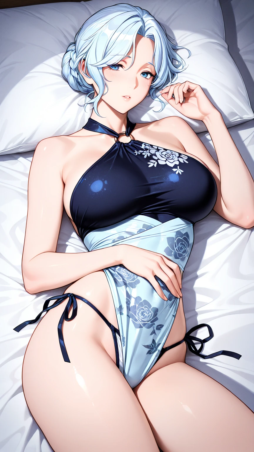 masterpiece, best quality, absurdres, perfect , 1girl, solo, Tenka Izumo, provocative pajamas, short pastel pajamas, large thighs, provocative pose, indoors, 