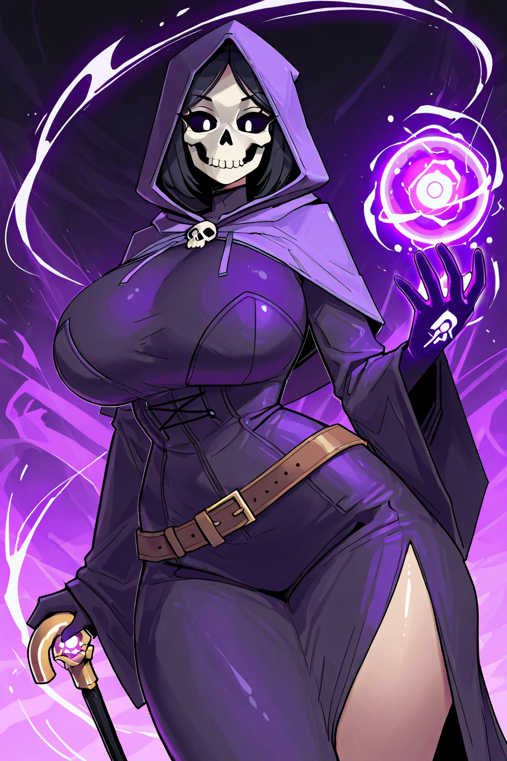 score_9, score_8_up, score_7_up, masterpiece, high quality, BREAK
 <lora:Mistress DeathPonyLoRA:1>mstrssdeth, hood up, hooded cloak, colored skin, (skull head), white eyes, no pupils, elbow gloves, bustier, cleaverage, thighhighs, pelvic curtain, smile, white skin, skull, magic
 <lora:CherryMouseStreetStylePonyLyco:1> 1girl, uncensored, solo