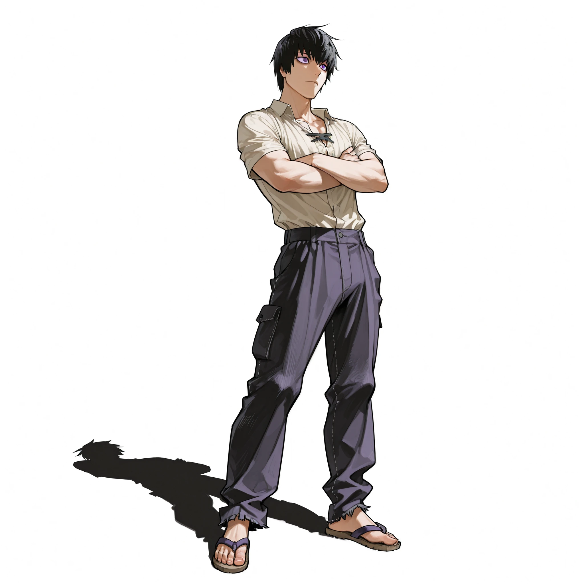 male), (teen boy), (slim body), (broad chest for teenager), (toned arms), (long legs), (black hair, Caesar cut), (purple eyes), (no beard), (solo), (single character), (full body version), (white background), (no background), (highly detailed), (shadow), (standing pose with arms crossed), (natural light), (detailed outfit), (detailed hand), (detailed face), (detailed hair) Wearing a simple village farmer formal outfit with shirt, patched pants, simple sandals, giving a humble and hardworking countryside vibe. (Death note style art)