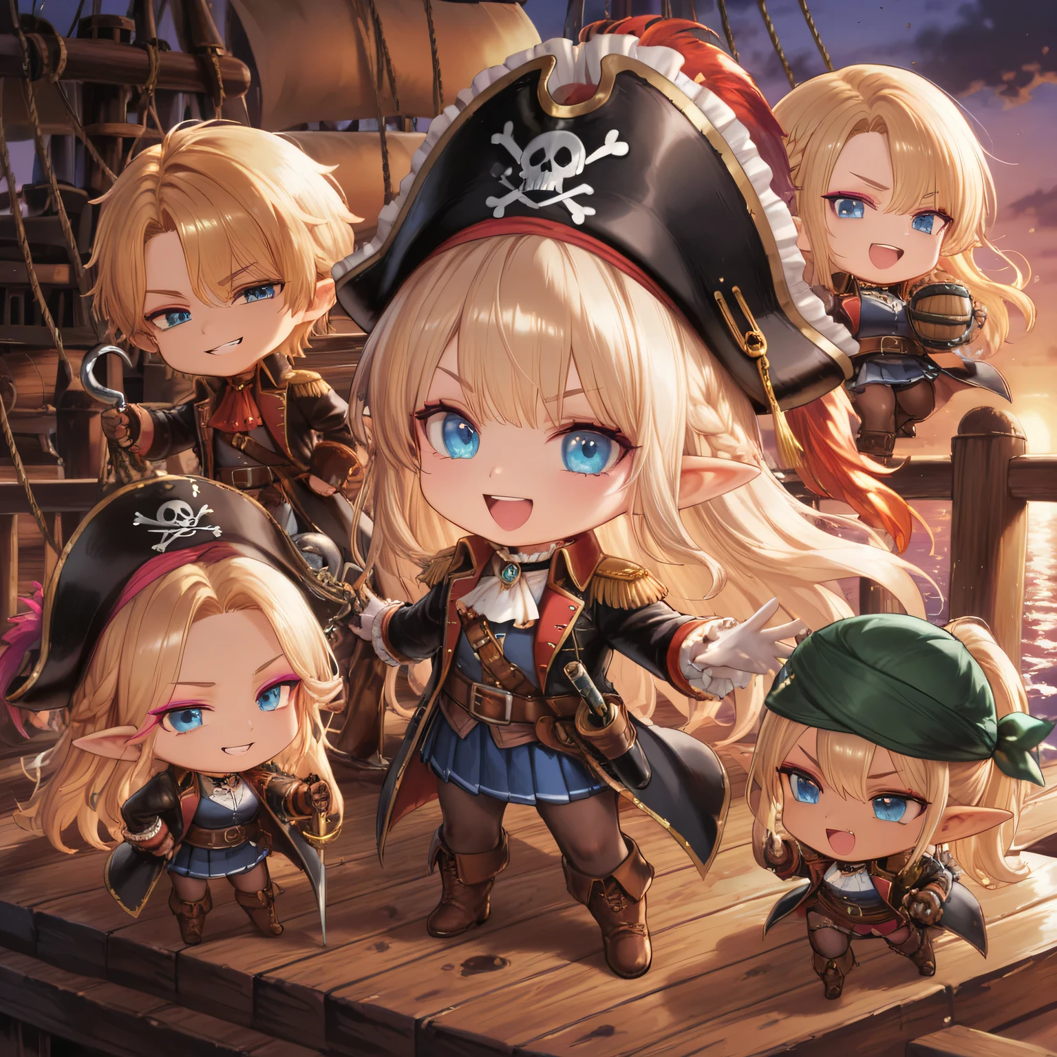 The Enchanted Pirate.
(chibi:1.2), 2.5 heads tall, Female Captain of the Elves in the Center, long blonde hair, blue eyes, Pink eyeliner, pointed ears, hook-shaped one-handed.
pirate ship deck、Subordinates with bandanas wrapped around their heads、Rough seas、pirate fluttering in the wind。