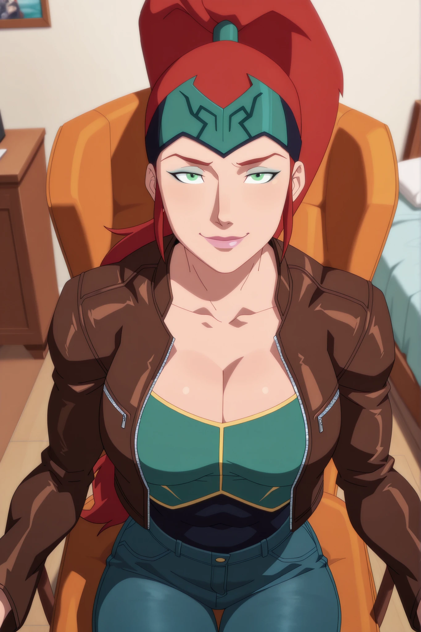 BREAK, score_6_up, score_7_up, score_8_up, score_9, 1girl, solo, m3r4atl4nt1s, long hair, red hair, ponytail, green eyes, large breasts, cleavage, curvy, athletic, pink lipstick, makeup, looking at viewer, seducing viewer, teasing viewer, smile, closed mouth, seductive expression, bedroom eyes, busty, long sleeves, turqouise leather jacket, turquoise crop top, turqouise jeans, indoors, bedroom, sitting in chair, portrait, upper body, closeup, high-angle view, aqua blue eyeshadow