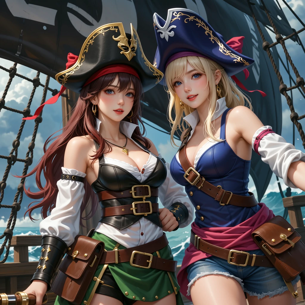 (sfw)Arte inspirada John Buscema,1 girl, blonde hair, cabelos longos, (((roupa de pirata))), (coxas grossas), (quadris largos), olhos castanhos, warm lighting, Noite, em navio pirata, oceano aberto, (middle ?????), despreocupado, Feliz, sorriso largo, (((corar))), (((Drunk))), (((master part))), (((best quality))), ((ultra-detalhado)), (illustration), ((um extremamente delicado e bonito)), (super high resolution, best quality, ), (8k, Foto RAW, best quality, master part), best quality, master part, illustration, CG, unidade, Background Story, Arte Oficial, Amazing, finamente detalhado, extremamente delicado e bonito, extremamente detalhado, Very detailed, foco nítido, fundo rico, ((a girl)) ((Happy and lively pirate captain)), ((navio pirata)) master part, absurdos, detalhes intrincados, 1girl, sozinho, cowboy shot, pirata, Pirate hat, tapa-olho, ??????????????, Ascot, dar de ombros \(garments\), camisa branca, espartilho, Frescuras, mangas compridas, Pants, Pele apertada, Standing on the ship, vela, Cordas, Olhando para o Viewer, sorriso, cabelos pretos, cabelos longos, cabelos flutuantes