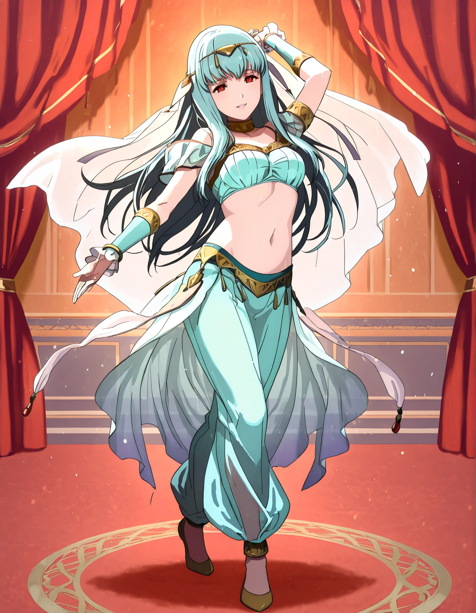 (1girl:1 . 5) , (Seul:1 . 5) , score_9 , score_8_haut , score_7_haut , source_anime , Official work , ultra-detailed , masterpiece , best quality , high resolution , beaux yeux , detailed eyes , Detailed face , beautiful detailed eyes,1girl,long hair, red eyes, blue hair,Fire Emblem,Ninian,Arabian Clothes , Arabian Dancer Outfit ,belly dancer costume,belly dancer outfit ,full body,golden jewelery,armlet, belly dancing,arabian theater,seductive smile, dancing with veil, dynamic movement,dance posture, seductive pose