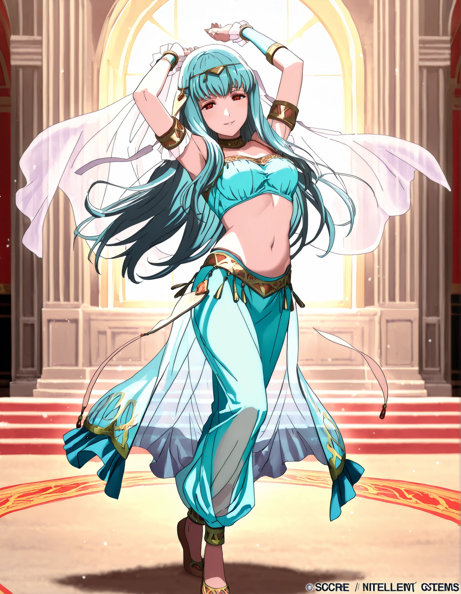 (1girl:1 . 5) , (Seul:1 . 5) , score_9 , score_8_haut , score_7_haut , source_anime , Official work , ultra-detailed , masterpiece , best quality , high resolution , beaux yeux , detailed eyes , Detailed face , beautiful detailed eyes,1girl,long hair, red eyes, blue hair,Fire Emblem,Ninian,Arabian Clothes , Arabian Dancer Outfit ,belly dancer costume,belly dancer outfit ,full body,golden jewelery,armlet, belly dancing,arabian theater,seductive smile, dancing with veil, dynamic movement,dance posture, seductive pose