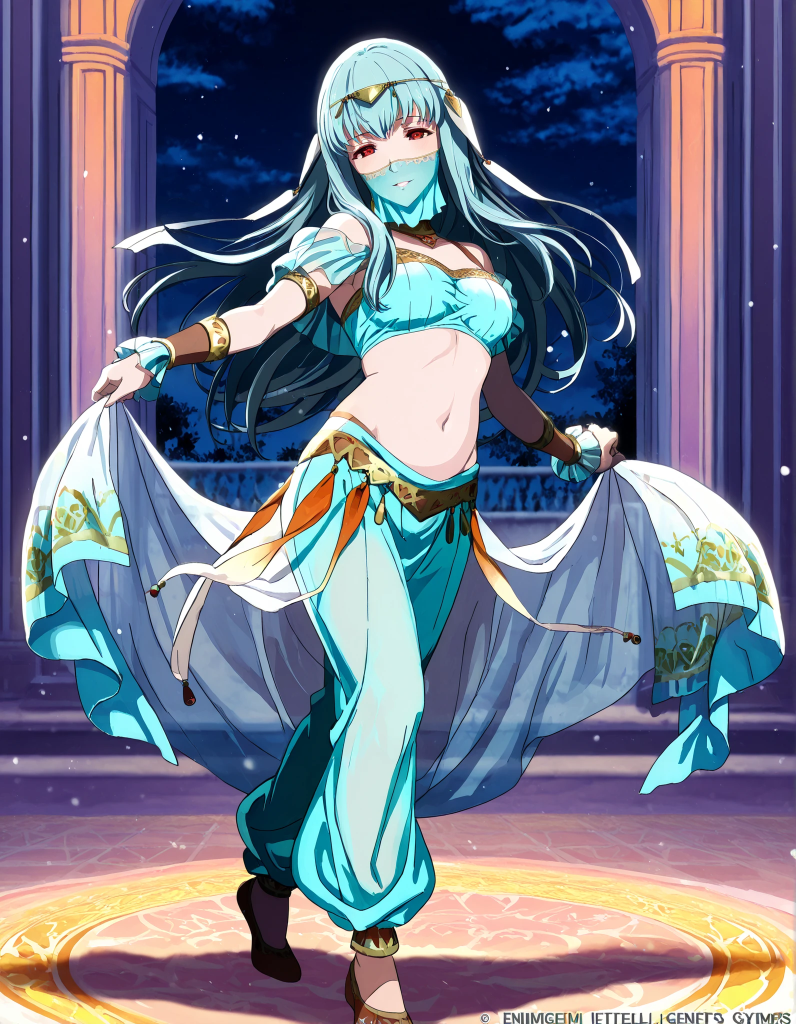 (1girl:1 . 5) , (Seul:1 . 5) , score_9 , score_8_haut , score_7_haut , source_anime , Official work , ultra-detailed , masterpiece , best quality , high resolution , beaux yeux , detailed eyes , Detailed face , beautiful detailed eyes,1girl,long hair, red eyes, blue hair,Fire Emblem,Ninian,Arabian Clothes , Arabian Dancer Outfit ,belly dancer costume,belly dancer outfit ,full body,golden jewelery,mouth veil,armlet, belly dancing,night,arabian garden,seductive smile, dancing with veil, dynamic movement,dance posture, seductive pose