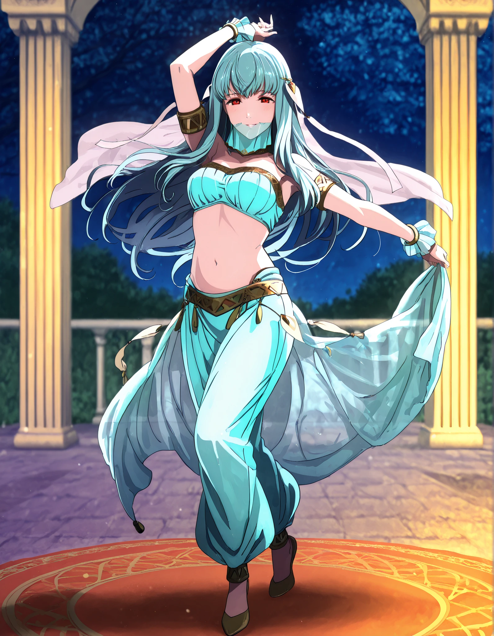 (1girl:1 . 5) , (Seul:1 . 5) , score_9 , score_8_haut , score_7_haut , source_anime , Official work , ultra-detailed , masterpiece , best quality , high resolution , beaux yeux , detailed eyes , Detailed face , beautiful detailed eyes,1girl,long hair, red eyes, blue hair,Fire Emblem,Ninian,Arabian Clothes , Arabian Dancer Outfit ,belly dancer costume,belly dancer outfit ,full body,golden jewelery,mouth veil,armlet, belly dancing,night,arabian garden,seductive smile, dancing with veil, dynamic movement,dance posture, seductive pose