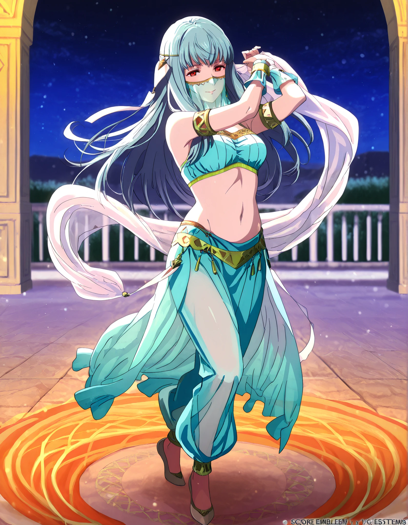 (1girl:1 . 5) , (Seul:1 . 5) , score_9 , score_8_haut , score_7_haut , source_anime , Official work , ultra-detailed , masterpiece , best quality , high resolution , beaux yeux , detailed eyes , Detailed face , beautiful detailed eyes,1girl,long hair, red eyes, blue hair,Fire Emblem,Ninian,Arabian Clothes , Arabian Dancer Outfit ,belly dancer costume,belly dancer outfit ,full body,golden jewelery,mouth veil,armlet, belly dancing,night,arabian garden,seductive smile, dancing with veil, dynamic movement,dance posture, seductive pose