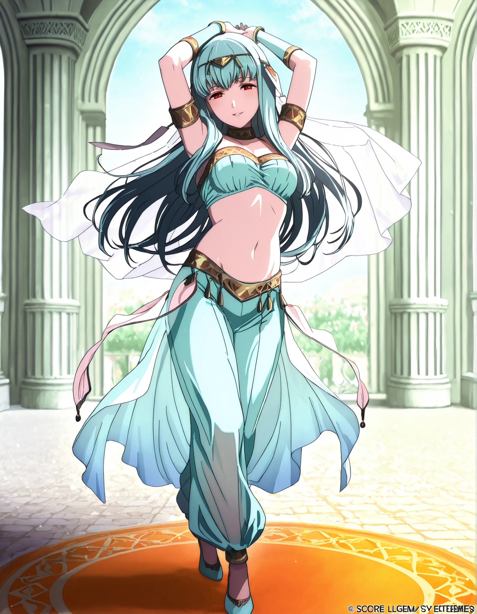 (1girl:1 . 5) , (Seul:1 . 5) , score_9 , score_8_haut , score_7_haut , source_anime , Official work , ultra-detailed , masterpiece , best quality , high resolution , beaux yeux , detailed eyes , Detailed face , beautiful detailed eyes,1girl,long hair, red eyes, blue hair,Fire Emblem,Ninian,Arabian Clothes , Arabian Dancer Outfit ,belly dancer costume,belly dancer outfit ,full body,golden jewelery,armlet, belly dancing,arabian garden,seductive smile, dancing with veil, dynamic movement,dance posture, seductive pose