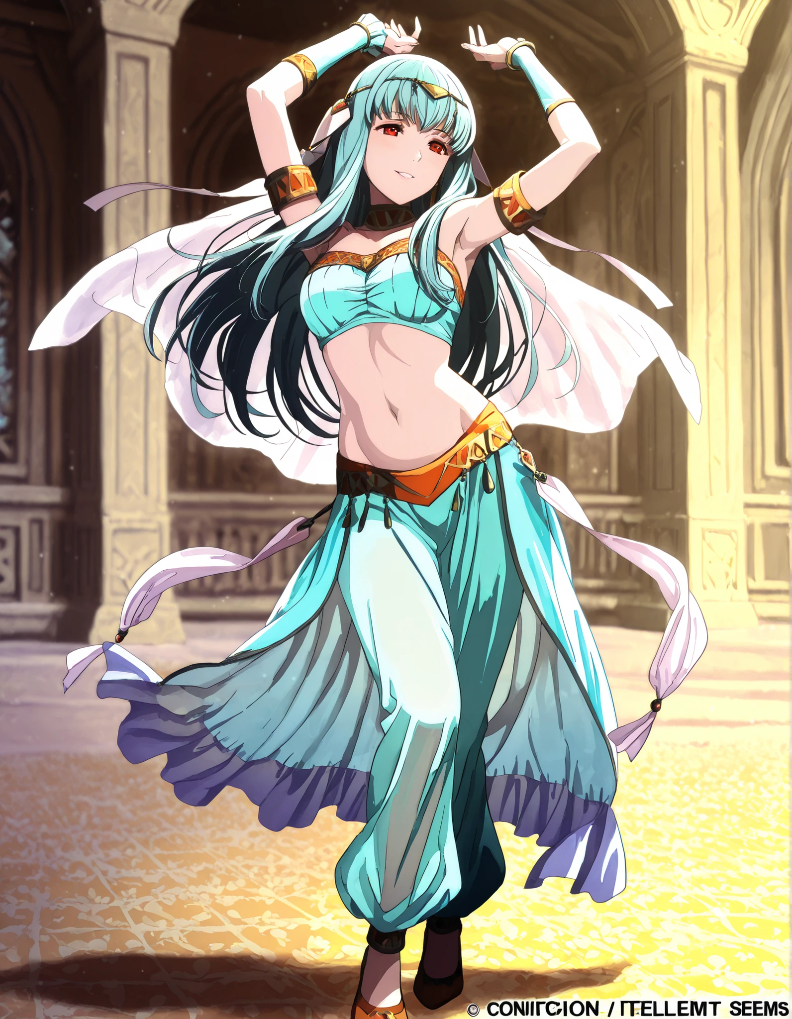 (1girl:1 . 5) , (Seul:1 . 5) , score_9 , score_8_haut , score_7_haut , source_anime , Official work , ultra-detailed , masterpiece , best quality , high resolution , beaux yeux , detailed eyes , Detailed face , beautiful detailed eyes,1girl,long hair, red eyes, blue hair,Fire Emblem,Ninian,Arabian Clothes , Arabian Dancer Outfit ,belly dancer costume,belly dancer outfit ,full body,golden jewelery,armlet, belly dancing,arabian garden,seductive smile, dancing with veil, dynamic movement,dance posture, seductive pose