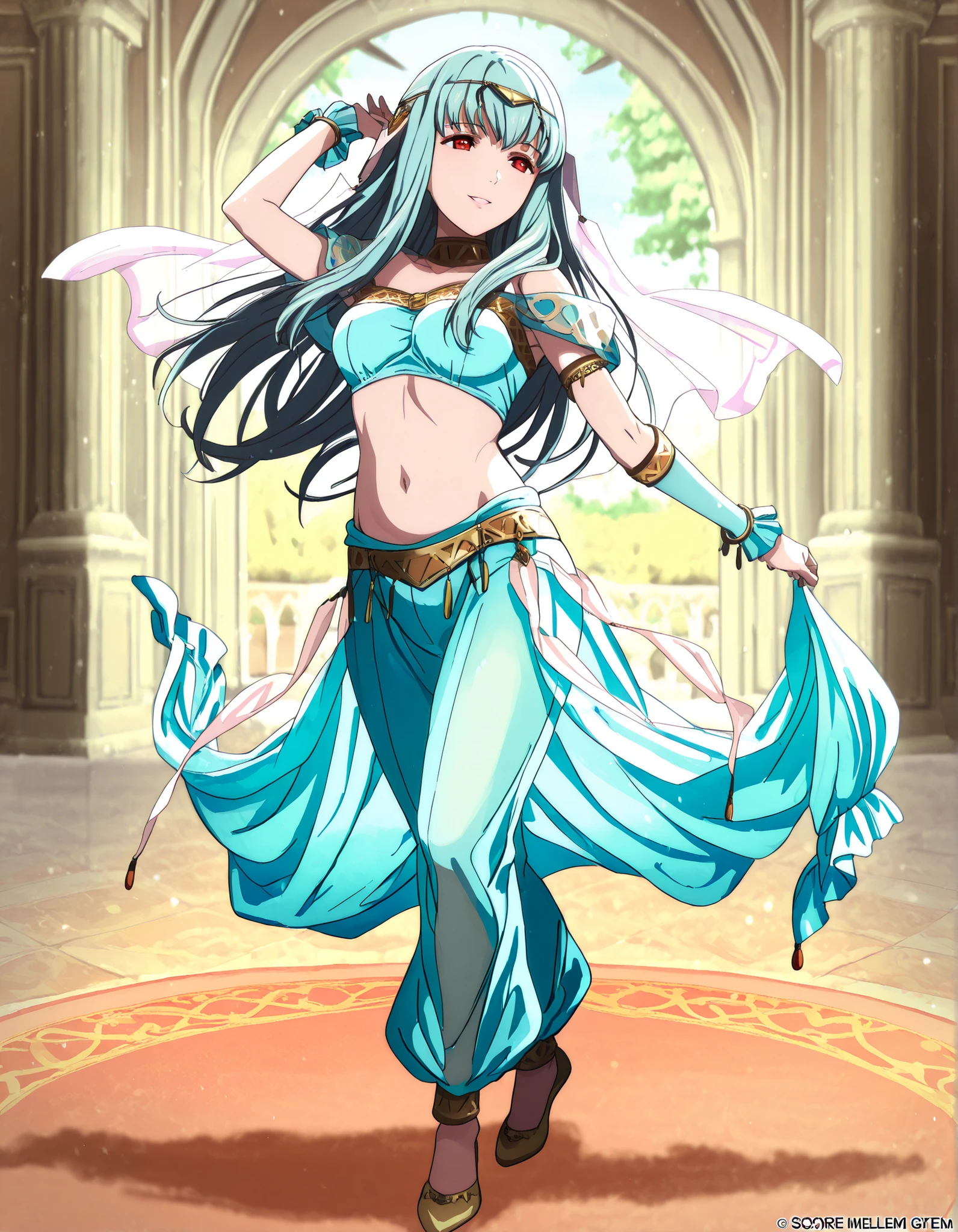 (1girl:1 . 5) , (Seul:1 . 5) , score_9 , score_8_haut , score_7_haut , source_anime , Official work , ultra-detailed , masterpiece , best quality , high resolution , beaux yeux , detailed eyes , Detailed face , beautiful detailed eyes,1girl,long hair, red eyes, blue hair,Fire Emblem,Ninian,Arabian Clothes , Arabian Dancer Outfit ,belly dancer costume,belly dancer outfit ,full body,golden jewelery,armlet, belly dancing,arabian garden,seductive smile, dancing with veil, dynamic movement,dance posture, seductive pose