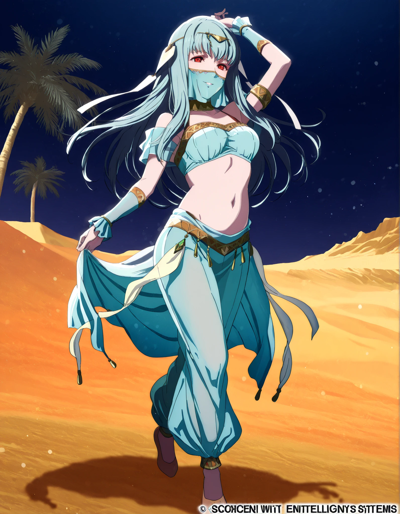 (1girl:1 . 5) , (Seul:1 . 5) , score_9 , score_8_haut , score_7_haut , source_anime , Official work , ultra-detailed , masterpiece , best quality , high resolution , beaux yeux , detailed eyes , Detailed face , beautiful detailed eyes,1girl,long hair, red eyes, blue hair,Fire Emblem,Ninian,Arabian Clothes , Arabian Dancer Outfit ,belly dancer costume,belly dancer outfit ,full body,golden jewelery,mouth veil,armlet, belly dancing,night,desert lands,palm tree,seductive smile, dancing with veil, dynamic movement,dance posture, seductive pose