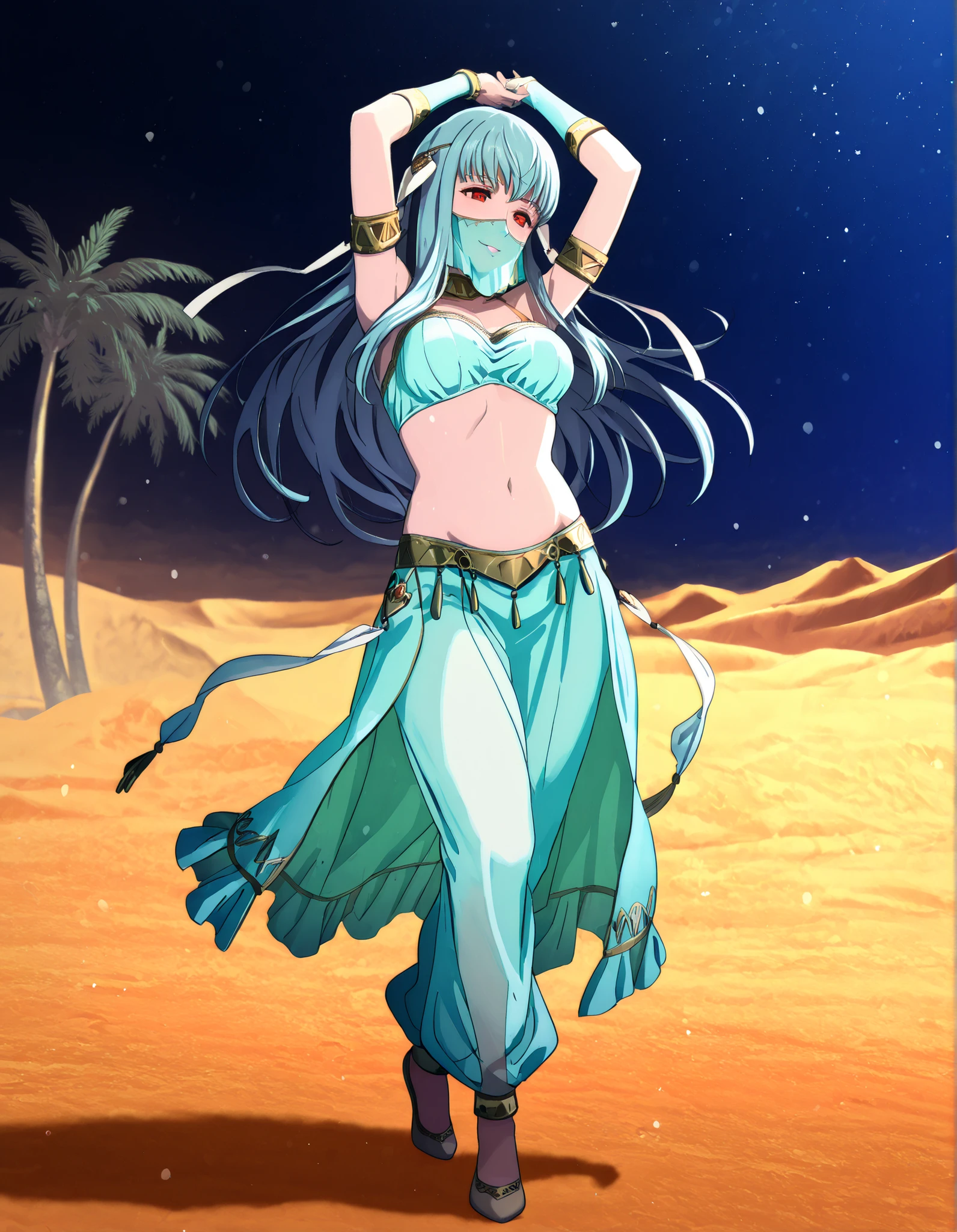 (1girl:1 . 5) , (Seul:1 . 5) , score_9 , score_8_haut , score_7_haut , source_anime , Official work , ultra-detailed , masterpiece , best quality , high resolution , beaux yeux , detailed eyes , Detailed face , beautiful detailed eyes,1girl,long hair, red eyes, blue hair,Fire Emblem,Ninian,Arabian Clothes , Arabian Dancer Outfit ,belly dancer costume,belly dancer outfit ,full body,golden jewelery,mouth veil,armlet, belly dancing,night,desert lands,palm tree,seductive smile, dancing with veil, dynamic movement,dance posture, seductive pose