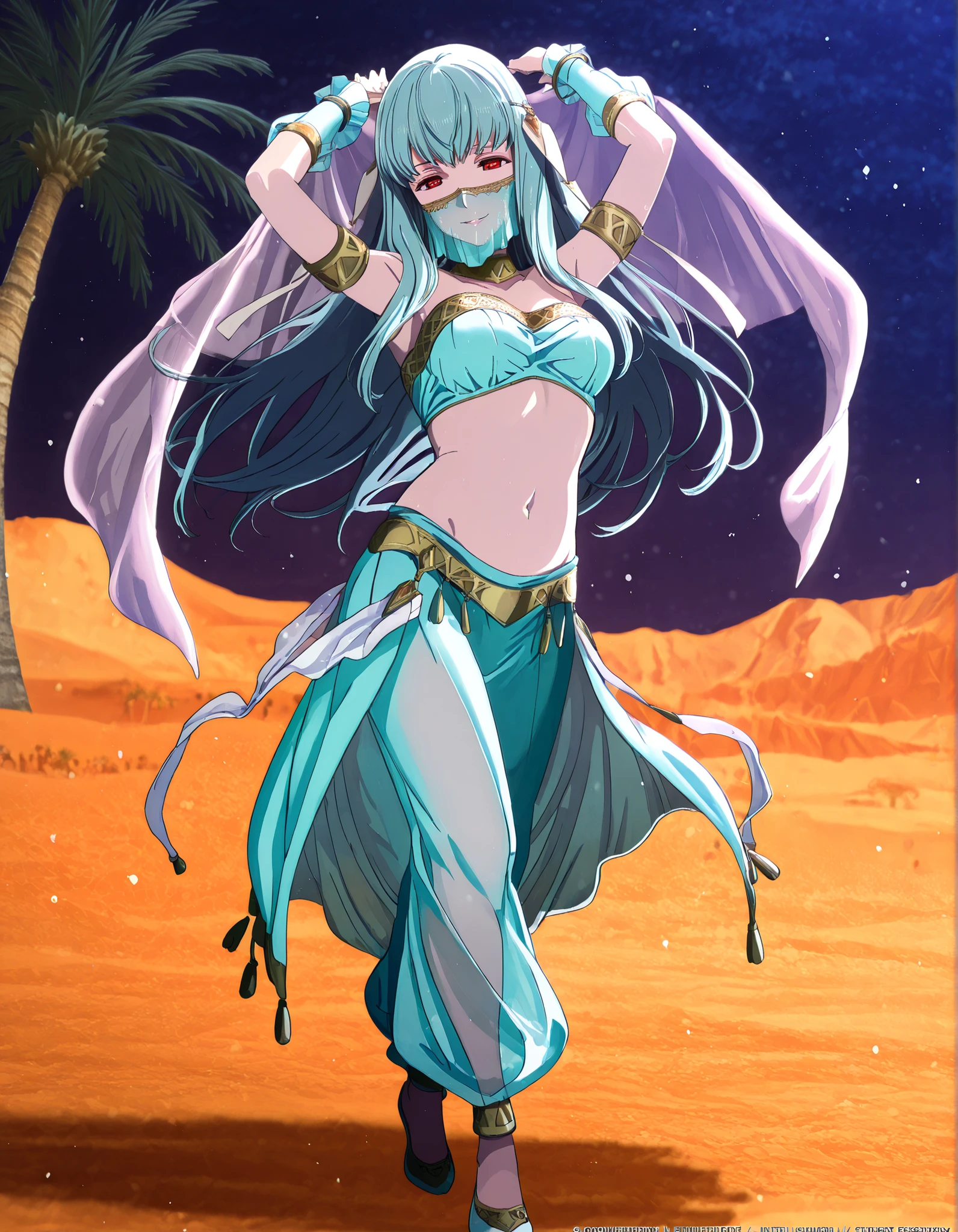 (1girl:1 . 5) , (Seul:1 . 5) , score_9 , score_8_haut , score_7_haut , source_anime , Official work  , ultra-detailed , masterpiece , best quality , high resolution , beaux yeux , detailed eyes , Detailed face , beautiful detailed eyes,1girl,long hair, red eyes, blue hair,Fire Emblem,Ninian,Arabian Clothes , Arabian Dancer Outfit ,belly dancer costume,belly dancer outfit ,full body,golden jewelery,mouth veil,armlet, belly dancing,night,desert lands,palm tree,seductive smile, dancing with veil, dynamic movement,dance posture, seductive pose