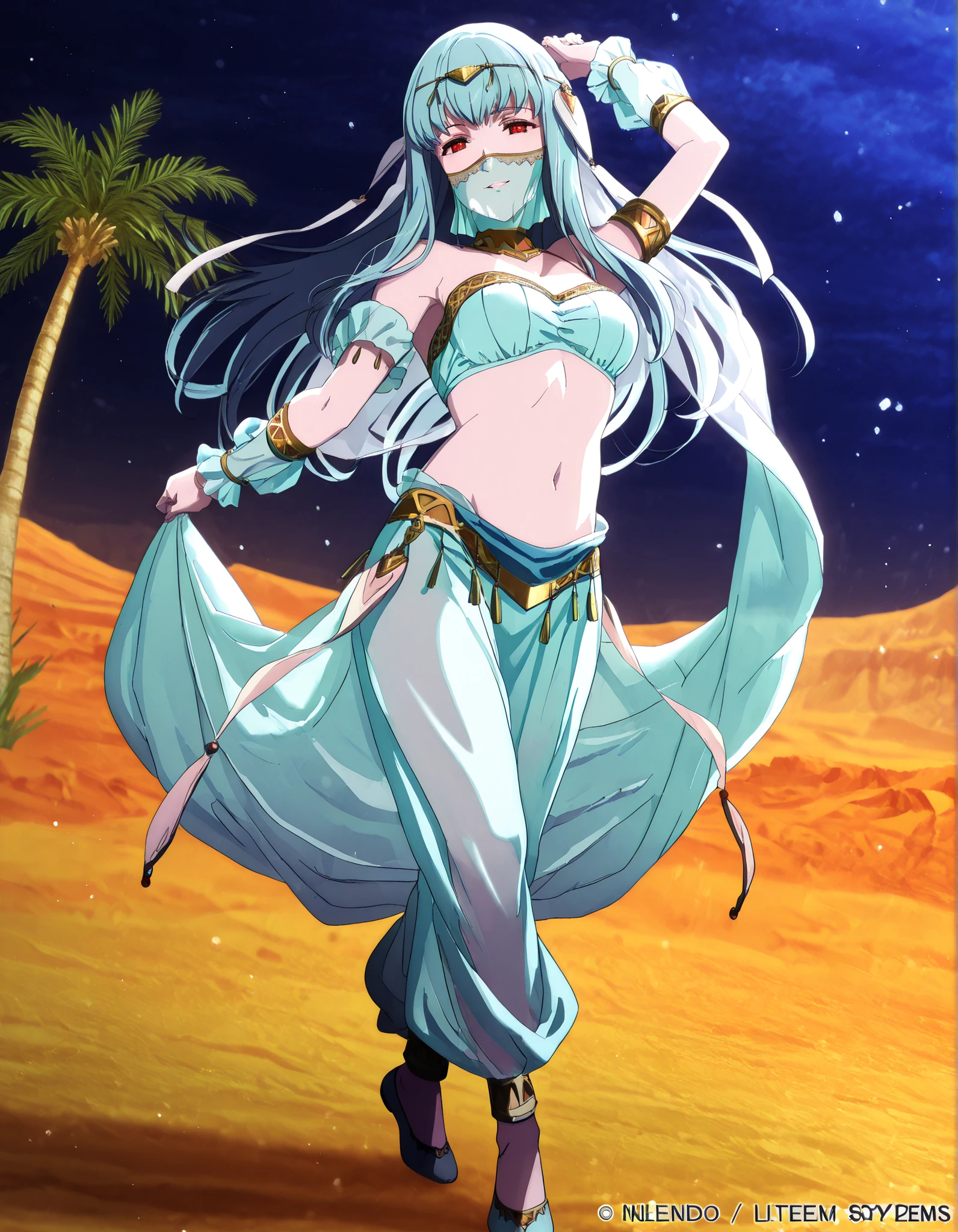(1girl:1 . 5) , (Seul:1 . 5) , score_9 , score_8_haut , score_7_haut , source_anime , Official work , ultra-detailed , masterpiece , best quality , high resolution , beaux yeux , detailed eyes , Detailed face , beautiful detailed eyes,1girl,long hair, red eyes, blue hair,Fire Emblem,Ninian,Arabian Clothes , Arabian Dancer Outfit ,belly dancer costume,belly dancer outfit ,full body,golden jewelery,mouth veil,armlet, belly dancing,night,desert lands,palm tree,seductive smile, dancing with veil, dynamic movement,dance posture, seductive pose