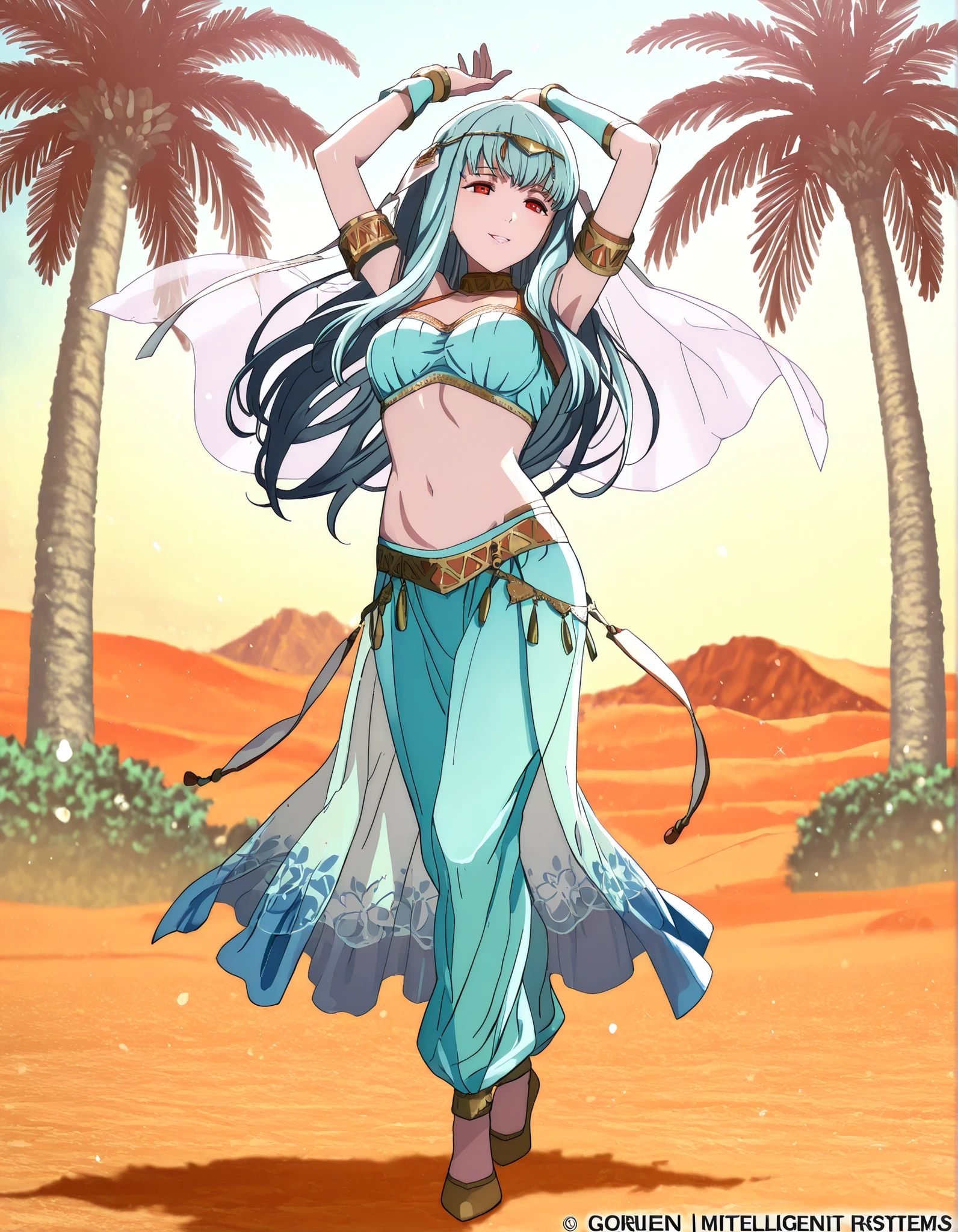 (1girl:1 . 5) , (Seul:1 . 5) , score_9 , score_8_haut , score_7_haut , source_anime , Official work  , ultra-detailed , masterpiece , best quality , high resolution , beaux yeux , detailed eyes , Detailed face , beautiful detailed eyes,1girl,long hair, red eyes, blue hair,Fire Emblem,Ninian,Arabian Clothes , Arabian Dancer Outfit ,belly dancer costume,belly dancer outfit ,full body,golden jewelery,armlet, belly dancing,desert lands,palm tree,seductive smile, dancing with veil, dynamic movement,dance posture, seductive pose