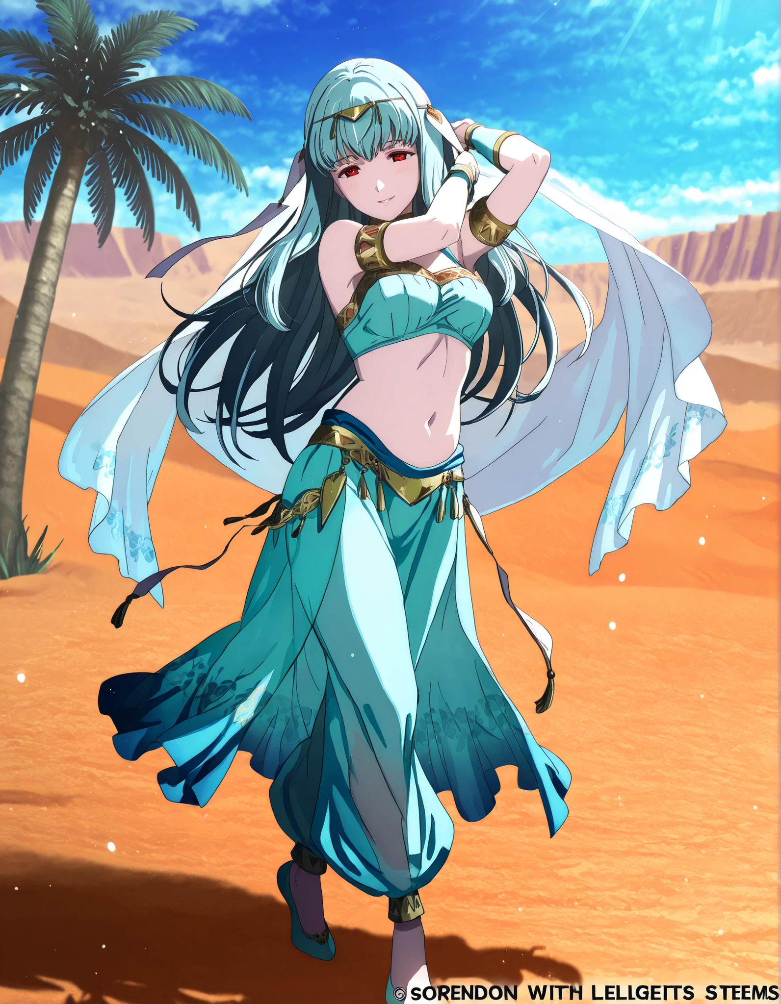 (1girl:1 . 5) , (Seul:1 . 5) , score_9 , score_8_haut , score_7_haut , source_anime , Official work , ultra-detailed , masterpiece , best quality , high resolution , beaux yeux , detailed eyes , Detailed face , beautiful detailed eyes,1girl,long hair, red eyes, blue hair,Fire Emblem,Ninian,Arabian Clothes , Arabian Dancer Outfit ,belly dancer costume,belly dancer outfit ,full body,golden jewelery,armlet, belly dancing,desert lands,palm tree,seductive smile, dancing with veil, dynamic movement,dance posture, seductive pose