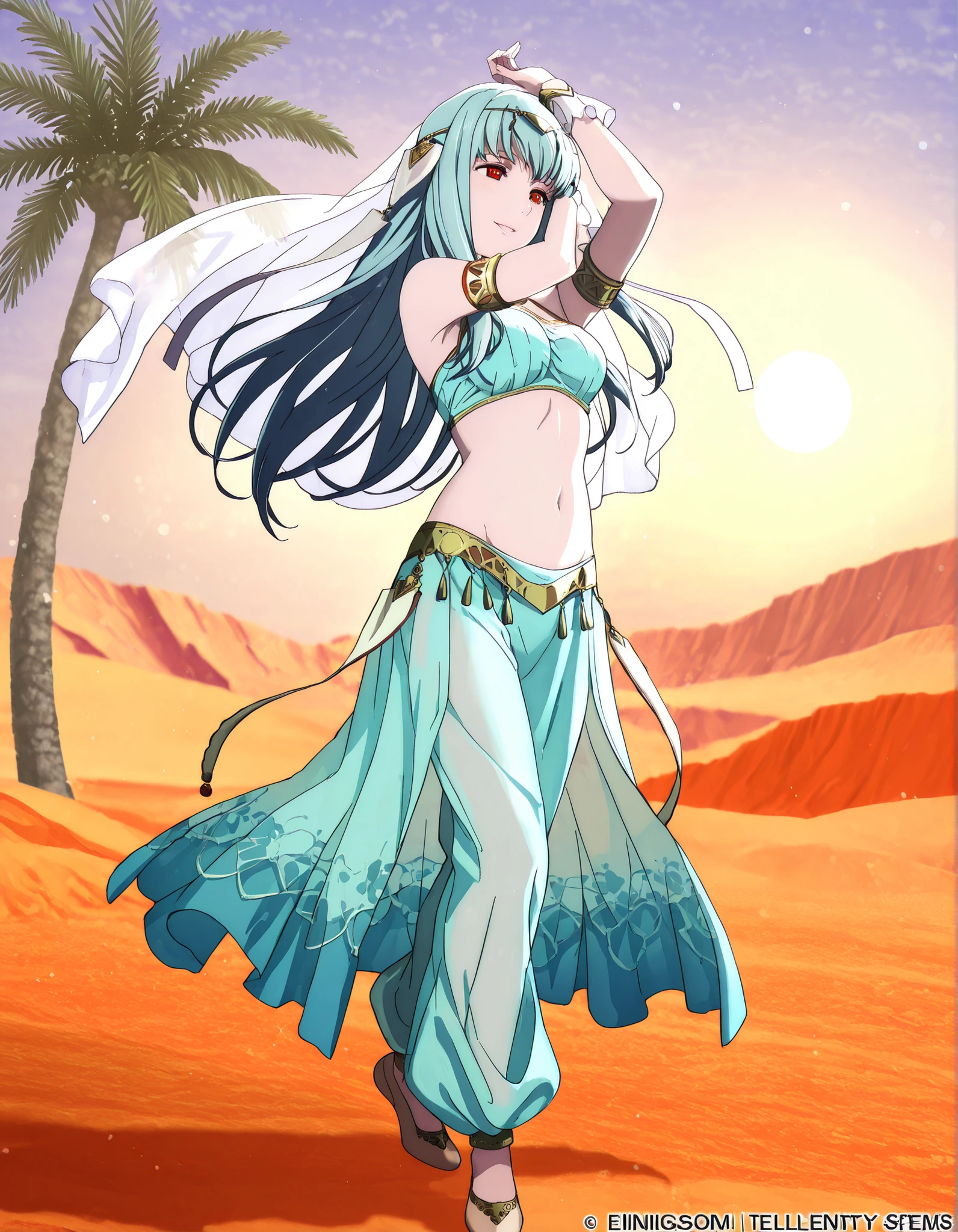 (1girl:1 . 5) , (Seul:1 . 5) , score_9 , score_8_haut , score_7_haut , source_anime , Official work , ultra-detailed , masterpiece , best quality , high resolution , beaux yeux , detailed eyes , Detailed face , beautiful detailed eyes,1girl,long hair, red eyes, blue hair,Fire Emblem,Ninian,Arabian Clothes , Arabian Dancer Outfit ,belly dancer costume,belly dancer outfit ,full body,golden jewelery,armlet, belly dancing,desert lands,palm tree,seductive smile, dancing with veil, dynamic movement,dance posture, seductive pose