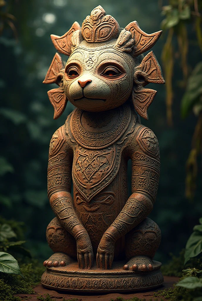 Chimpanzee with indigenous headdress on head, colorful feathers, facing the camera, detail: sitting in the middle of dense tropical foliage, highly detailed intricate, ((masterpiece)), ultra hyperrealistic, masterpiece