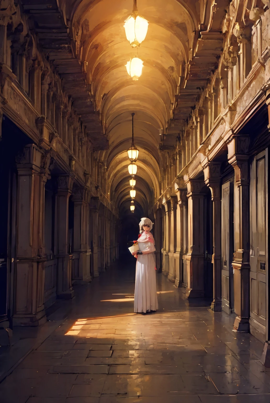 Color photo of a character walking in a street in front of a church, captured in a drawing style. The photo has a unique and artistic animation quality. —c 10 —ar 2:3 --auto --s2