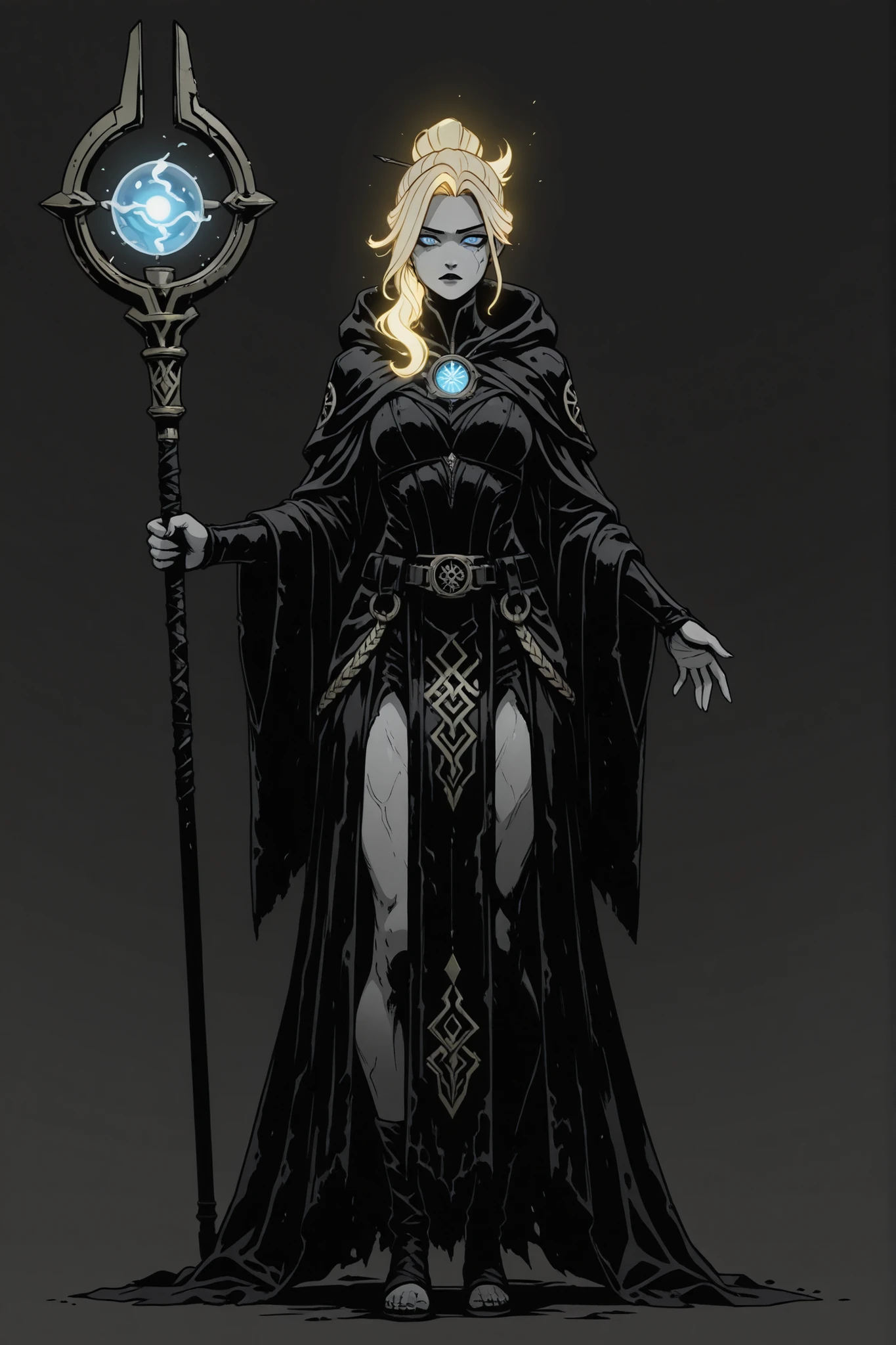 high quality, masterpiece, best quality, 1 girl, teenage human mage, standing in A-pose, full body shot, anatomically correct proportions, sharp defined features, glowing blonde hair, deep sapphire blue eyes with arcane glimmer, innocent yet determined expression, slender build with subtle muscle tone, elegant magical robes in blue and white with ornate gold rune patterns, intricate magical symbols floating around hands, arcane energy wisps, magical staff with glowing crystal orb, standing in A-pose, full body shot, anatomically correct proportions, sharp defined features, dark DnD fantasy fusion, high contrast lighting, deep shadows, glowing highlights, greyscale palette, stark black outlines, bold stylized shading, blank grey background, character concept reference art, professional illustration, portfolio quality