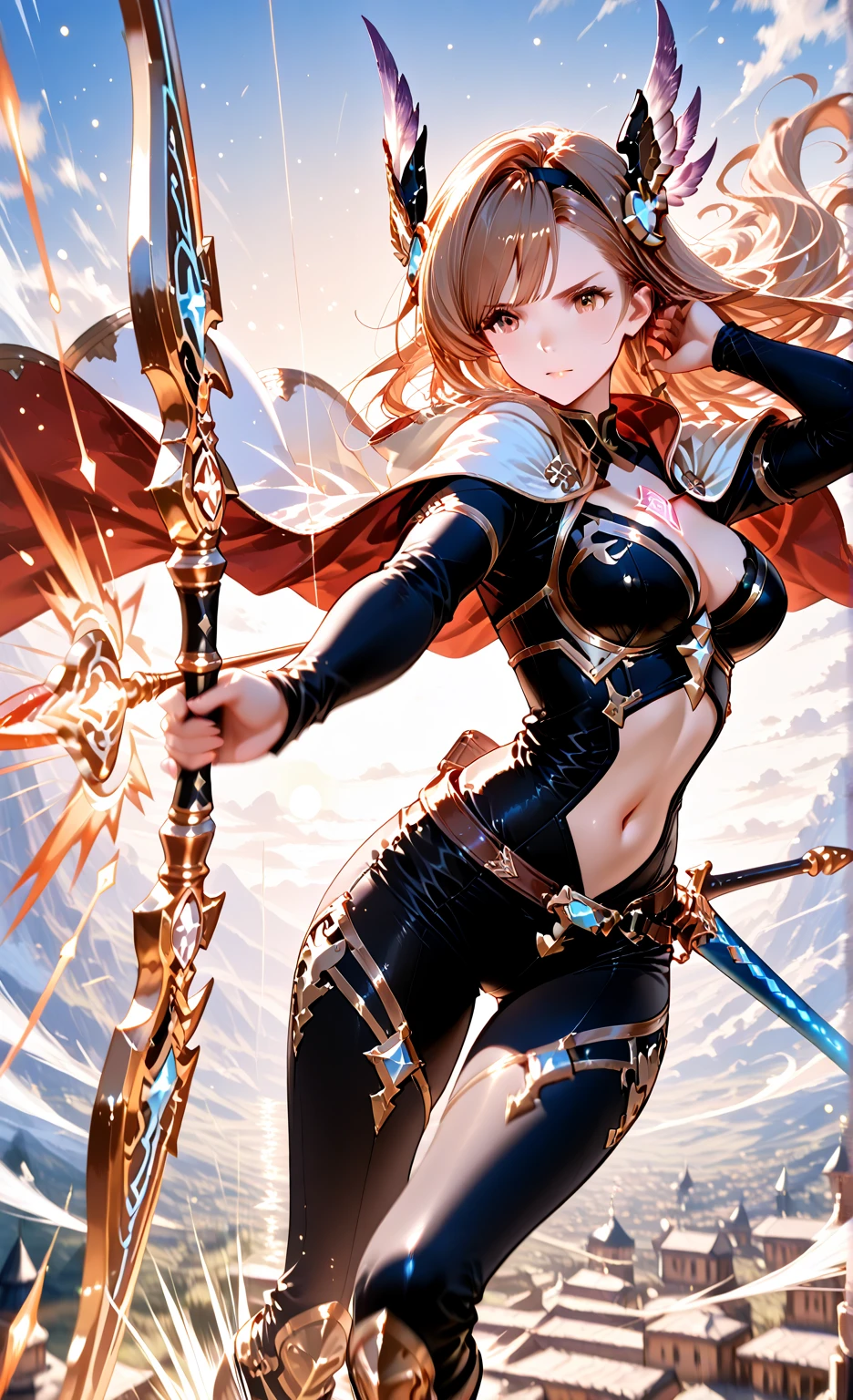 Artoria Pendragon (saber),Yellow theme，holdingsword，armor，exposing your navel，SakuraNS，Promotional poster style，((big )1.2)，exposing your navel，Sexy one-piece stockings，Happy look，Fleshy thighs, ((red armor))