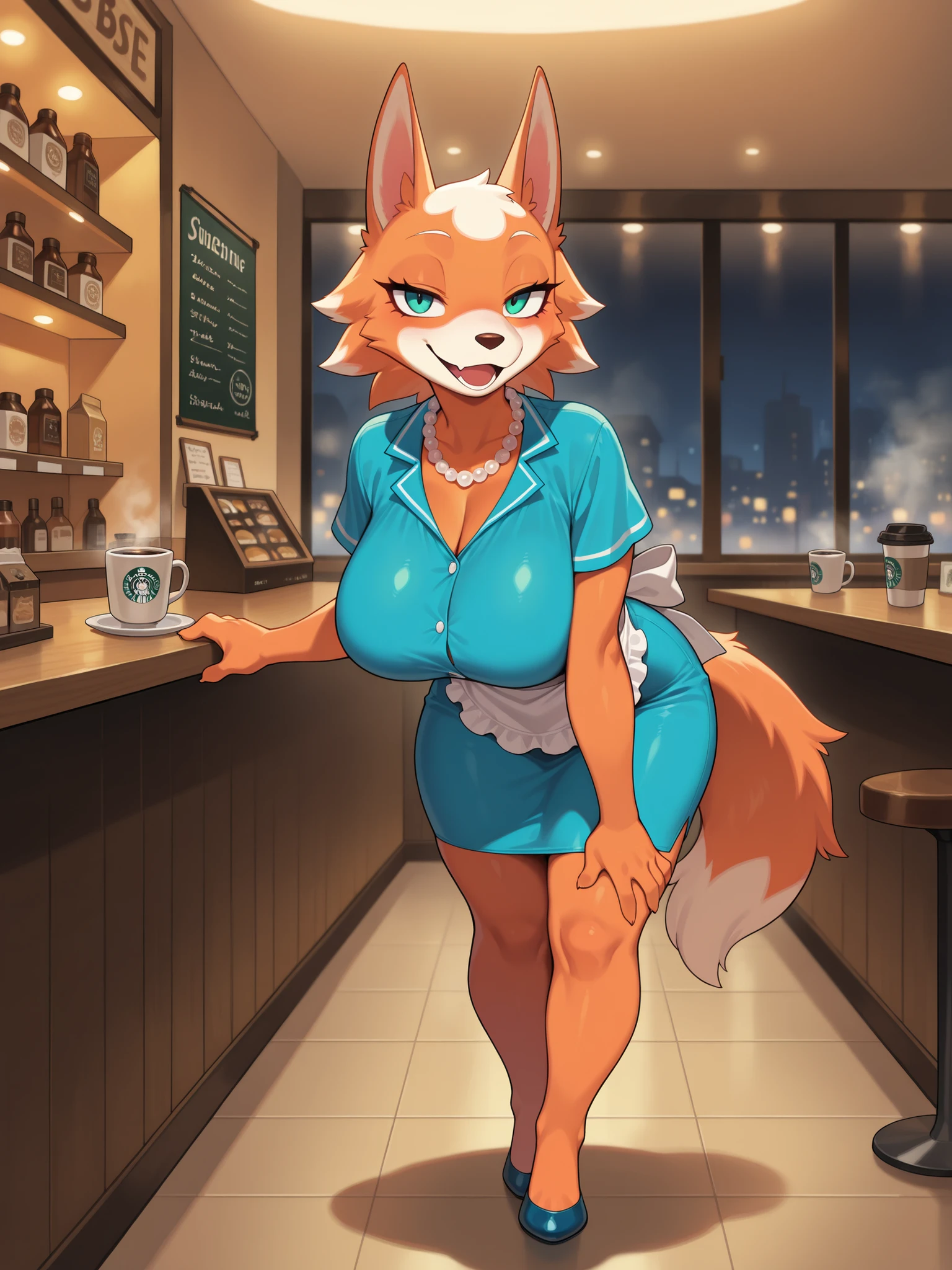 (masterpiece, Better Quality), hairy:1.3, snout:1.2, The second:1.3, hairy:1.2, amazing quality, absurd, printed, NEW , HDR-10, 8K, Cinematic, professional photo, A girl, (((Skye:1.25))), short shirt, Shortstack clothing:1, Big breasts, (Small but curvy), pearl necklace, Alone , (((seductive expression))), (((blue waitress dress with white apron and long pencil skirt:1))), In a restaurant at night, standing leaning forward,  coffee shop  ,with open mouth, underground dispersion,  translucent , brilliant, SSS, incredibly detailed ambient lighting, atmospheric fog , Illustrations P0s , (super quality:1.2), full body image:1,
