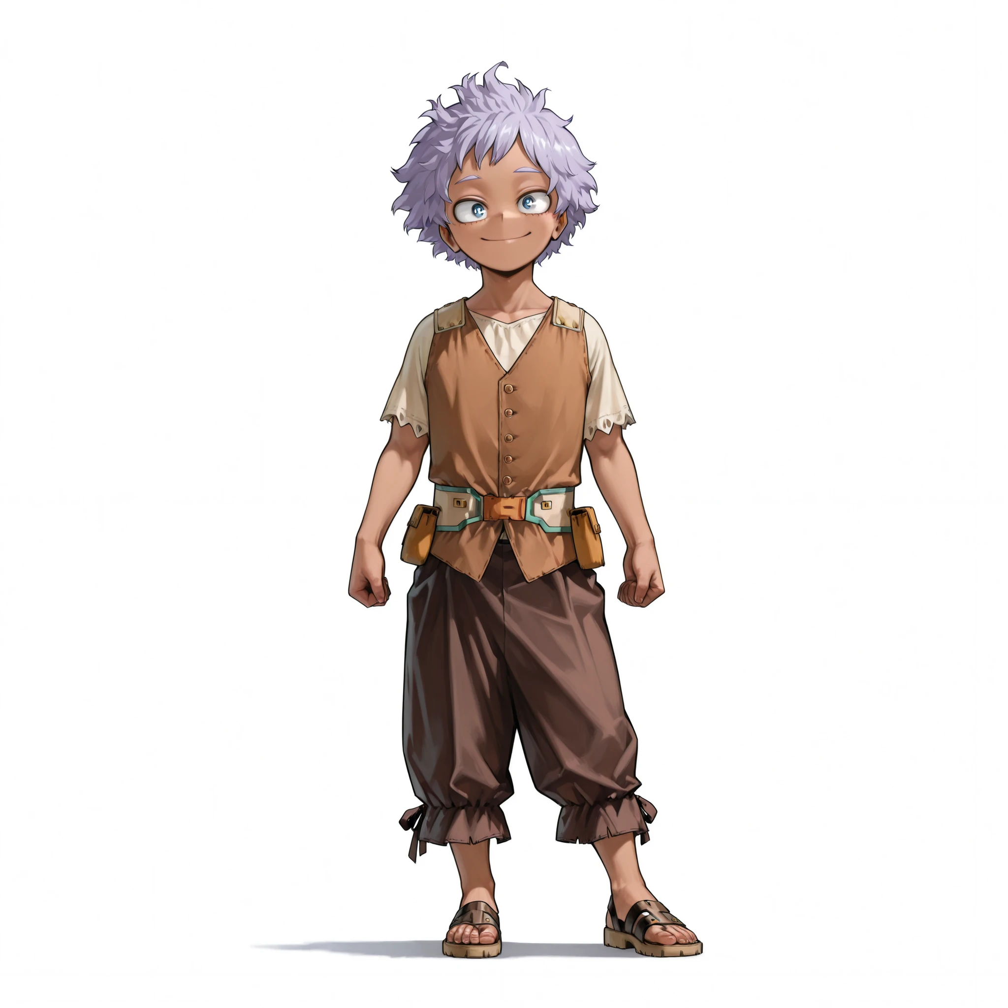 (male), (child boy), (slim body), (dark skin), (light purple hair), (short messy hair), (blue eyes), (cheerful face), (happy smile), (solo), (single character), (full body version), (white background), (no background), (highly detailed), (shadow), (standing pose), (natural light), (detailed outfit), (detailed hand), (detailed face), (detailed hair)
Wearing a simple medieval city boy outfit with a light brown vest over a cream shirt, short dark brown pants, and leather sandals, with a small pouch tied at the waist. (Boku no Hero academia style art)