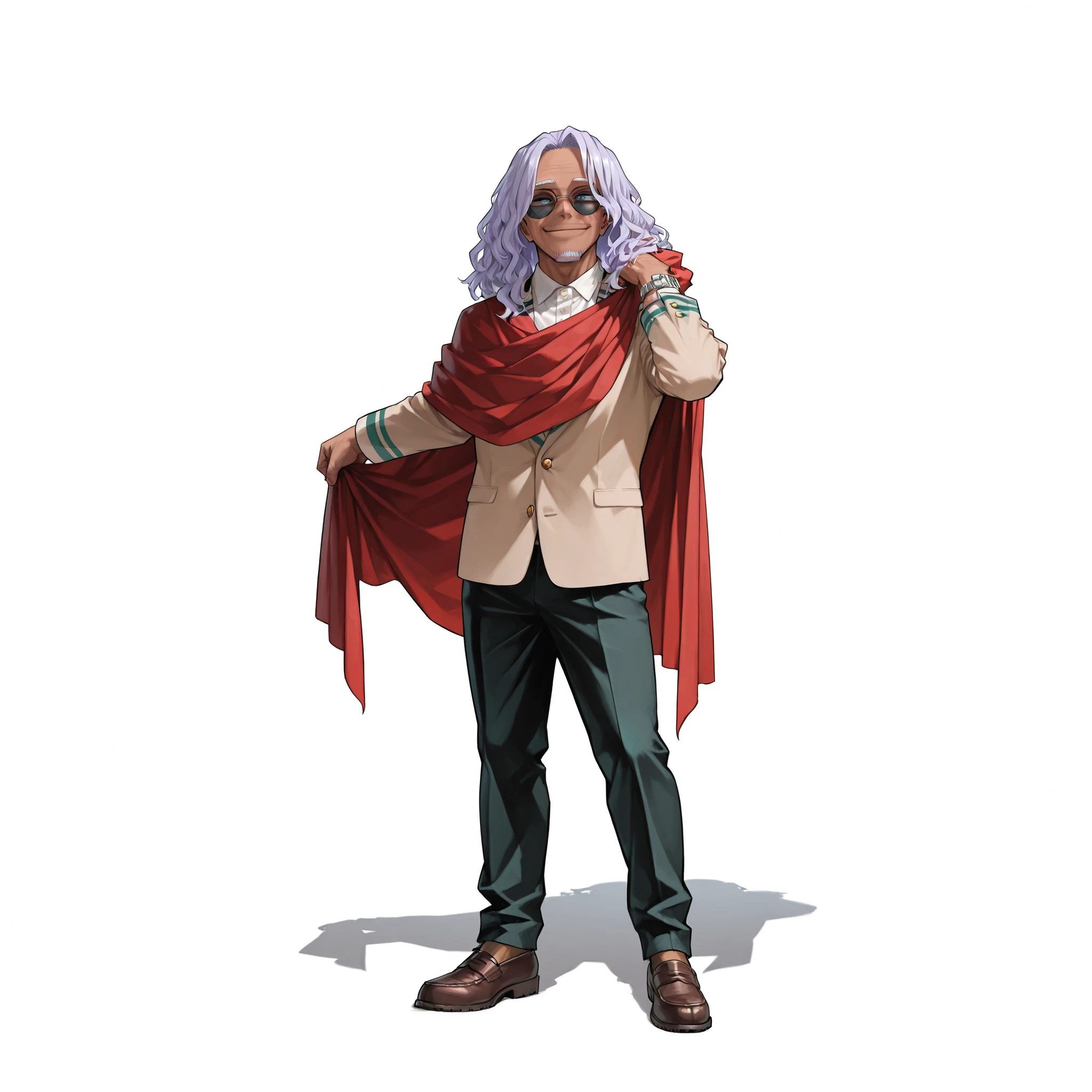 (male), (old man), (slim body), (dark skin), (light purple hair), (medium wavy hair), (blue eyes), (round sunglasses), (goatee), (confident smile), (solo), (single character), (full body version), (white background), (no background), (highly detailed), (shadow), (standing pose), (natural light), (detailed outfit), (detailed hand), (detailed face), (detailed hair)
Wearing a modern stylish casual suit with a fitted beige blazer over a white shirt, black trousers, dark brown loafers, silver watch, and red cape draped lightly over one shoulder for flair. (Boku no Hero academia style art)