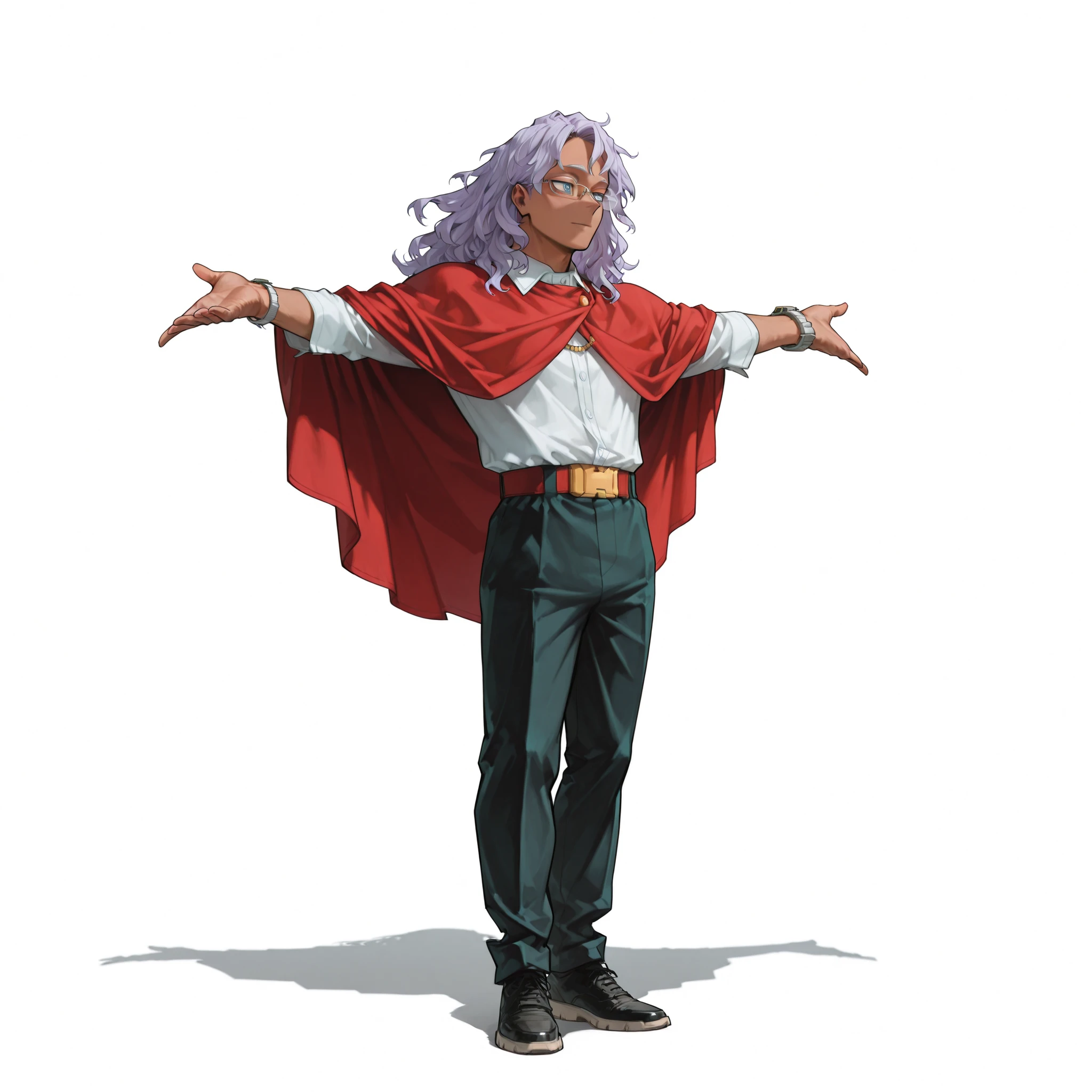 (male), (adult man), (slim body), (dark skin), (light purple hair), (medium wavy hair), (blue eyes), (clear glasses), (calm confident expression), (solo), (single character), (full body version), (white background), (no background), (highly detailed), (shadow), (standing pose), (natural light), (detailed outfit), (detailed hand), (detailed face), (detailed hair)
Wearing an oversized stylish outfit with a loose white shirt tucked into black slim pants, red long cape draped over shoulders, silver watch on wrist, black shoes, minimal accessories, relaxed yet charismatic posture. (Boku no Hero academia style art)