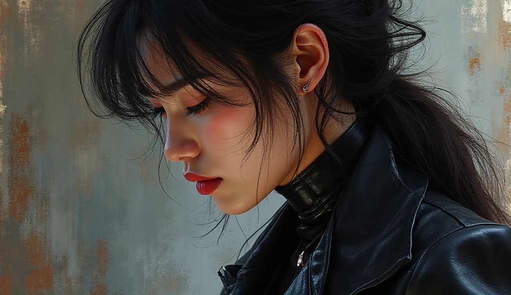 profile、 face close-up、人物を顔を明Rく、不思議の館の明Rい大広間で、 wearing a black leather mini bondage suit and a black leather coat、でエレキギターを弾弾いていR、左側に分け目のあR前髪に長いストレートの黒髪の美しい東洋人女性、R、, there are drums and electric guitar 、エレキベースを演奏していR3人の黒服の男性たち、Watercolor