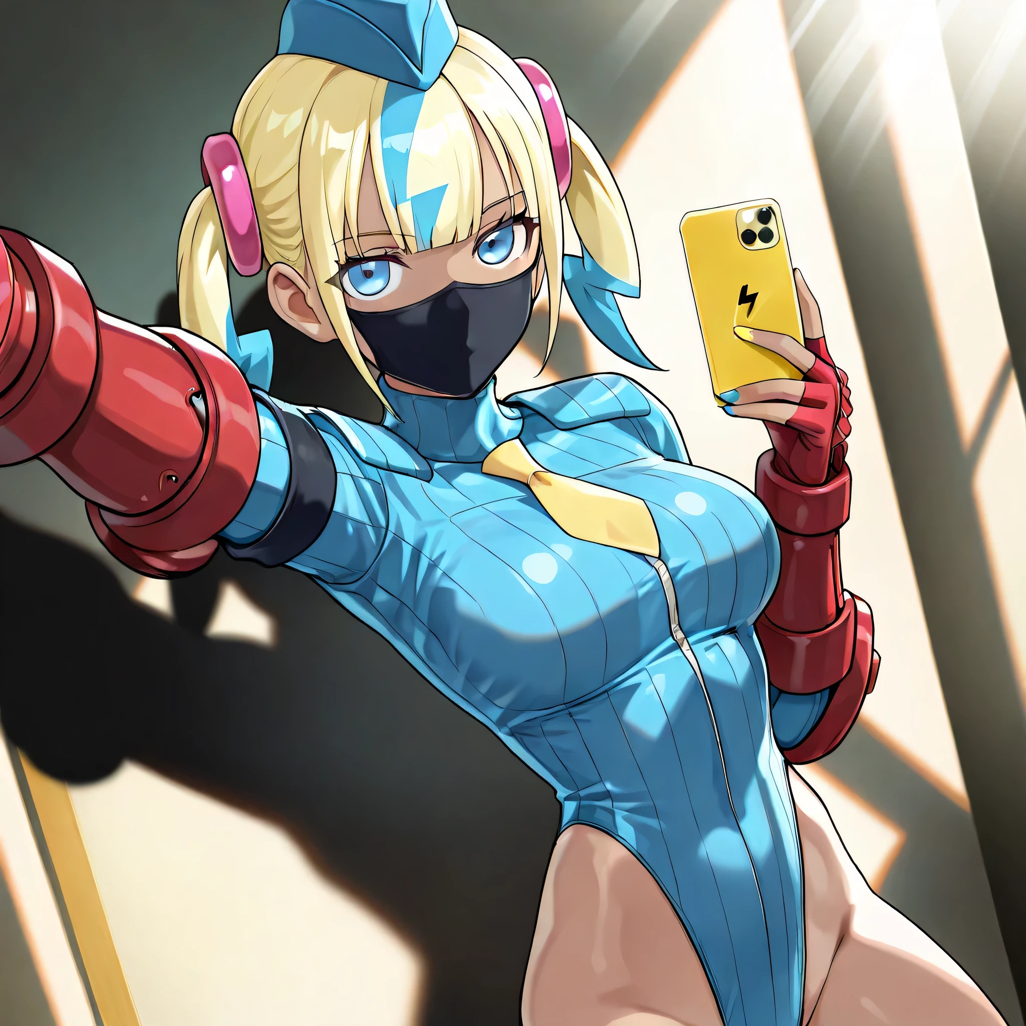 (((Masterpiece))), (((Best Quality))), ((Super Detail)), ultra-High resolution, score_9,score_8_up,score_7_up,score_6_up,score_5_up,score_4_up, BREAK, source_anime, anime screencap, uncensored, Masterpiece, (best shadow), (absurdres), (detailed background), (very aesthetic), shiny, detailed beautiful eyes, outstanding, countershading, detailed soft lighting, an exquisite animation illustration, curvy, shadaloo dolls, red gloves, hat, fingerless gloves, gauntlet, red gauntlet, leotard, cosplay, highleg, highleg leotard, garrison cap, dark persona, ribbed leotard, yellow necktie, (((solo, 1girl))), hair ornament, seductive pose, submissive pose, anime style, anime coloring, animification, megami magazine, sexy pose, expressionless, emotionless, medium breast, canari, dark-skinned female, multicolored hair, two-tone hair, blonde hair, blue hair, twin tails, blue eyes, short twintails, blunt bangs, eyelashes, blue eyes, nail polish, yellow nails, blue nails, fingernails, dark skin, mouth mask, smile, looking at viewer, v, selfie, looking at viewer, heart, holding smartphone, smartphone, cinematic angle, dynamic angle, dutch angle, indoor, dappled light, sunbeam