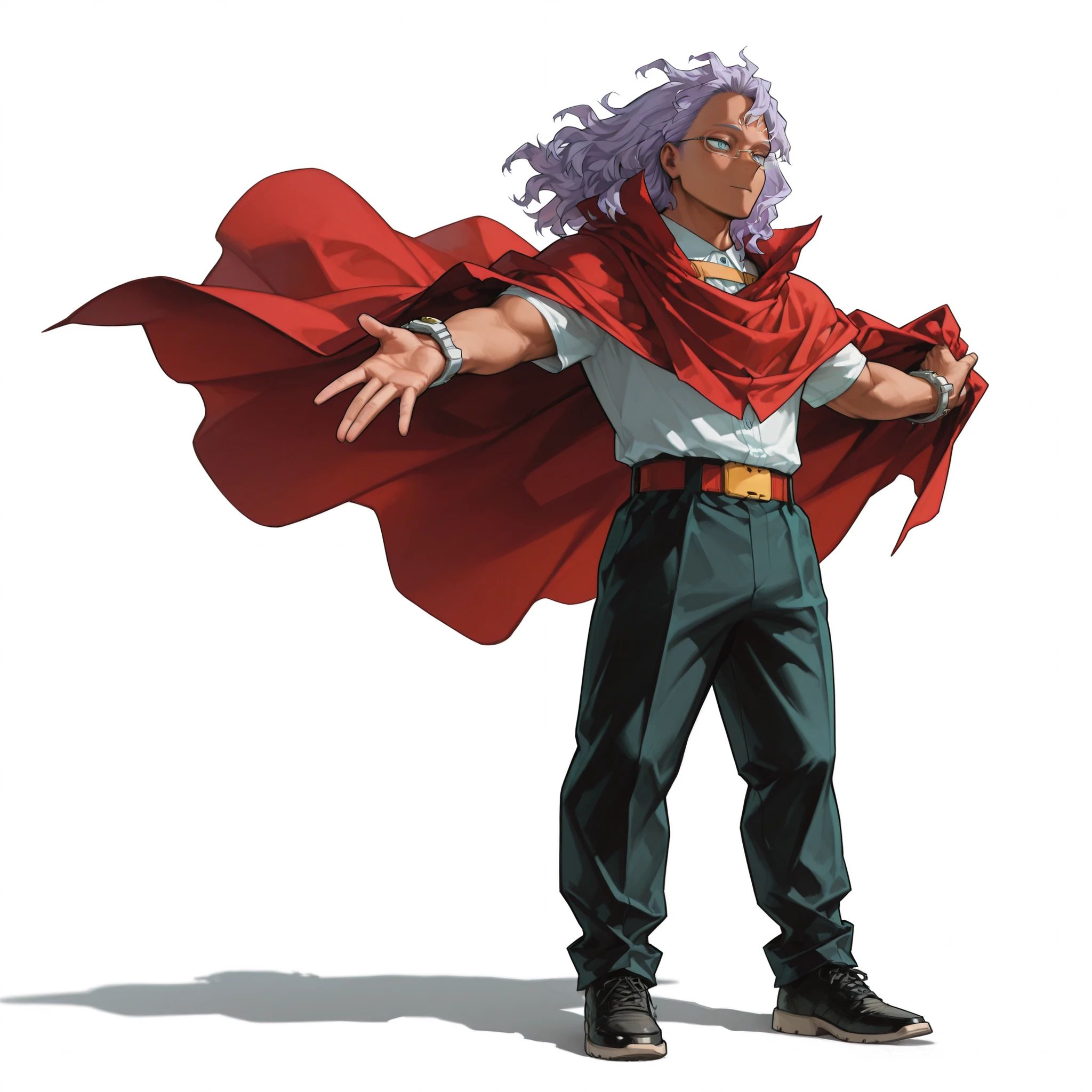 (male), (adult man), (slim body), (dark skin), (light purple hair), (medium wavy hair), (blue eyes), (clear glasses), (calm confident expression), (solo), (single character), (full body version), (white background), (no background), (highly detailed), (shadow), (standing pose), (natural light), (detailed outfit), (detailed hand), (detailed face), (detailed hair)
Wearing an oversized stylish outfit with a loose white shirt tucked into black slim pants, red long cape draped over shoulders, silver watch on wrist, black shoes, minimal accessories, relaxed yet charismatic posture. (Boku no Hero academia style art)