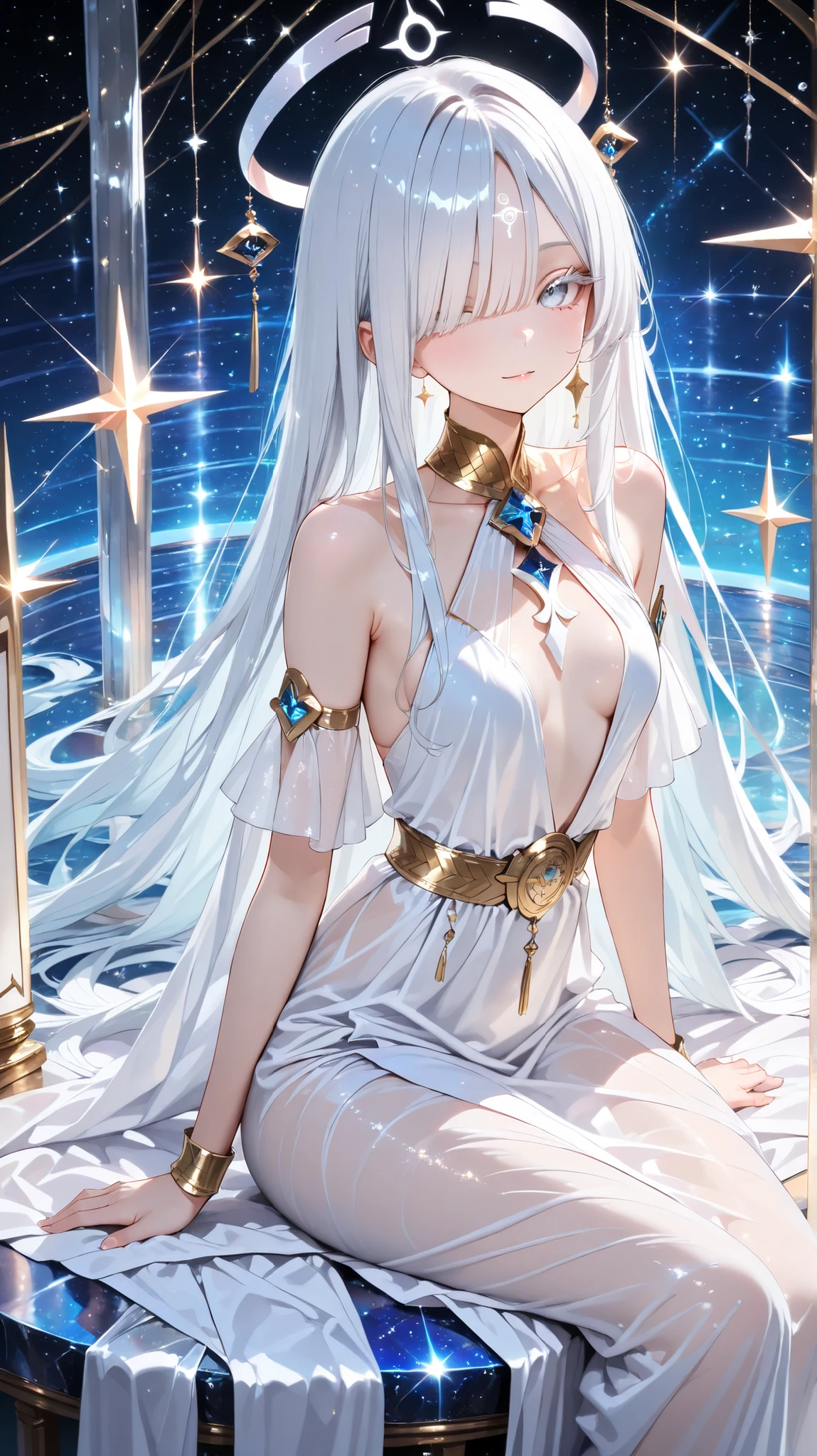 is a very pretty woman,gem、 See-through, ((white hair、White eyelashes、Sacred Hair Shape、Patted bangs cover one eye、long bangs that go up to the bottom of the eye)), ((One eye hidden by bangs))、small breasts、Celestial, Goddess sitting at the altar、complicated, elegant, (Sparkling Background),l, elegant, sharp concentration, Bright Colors、My servant,