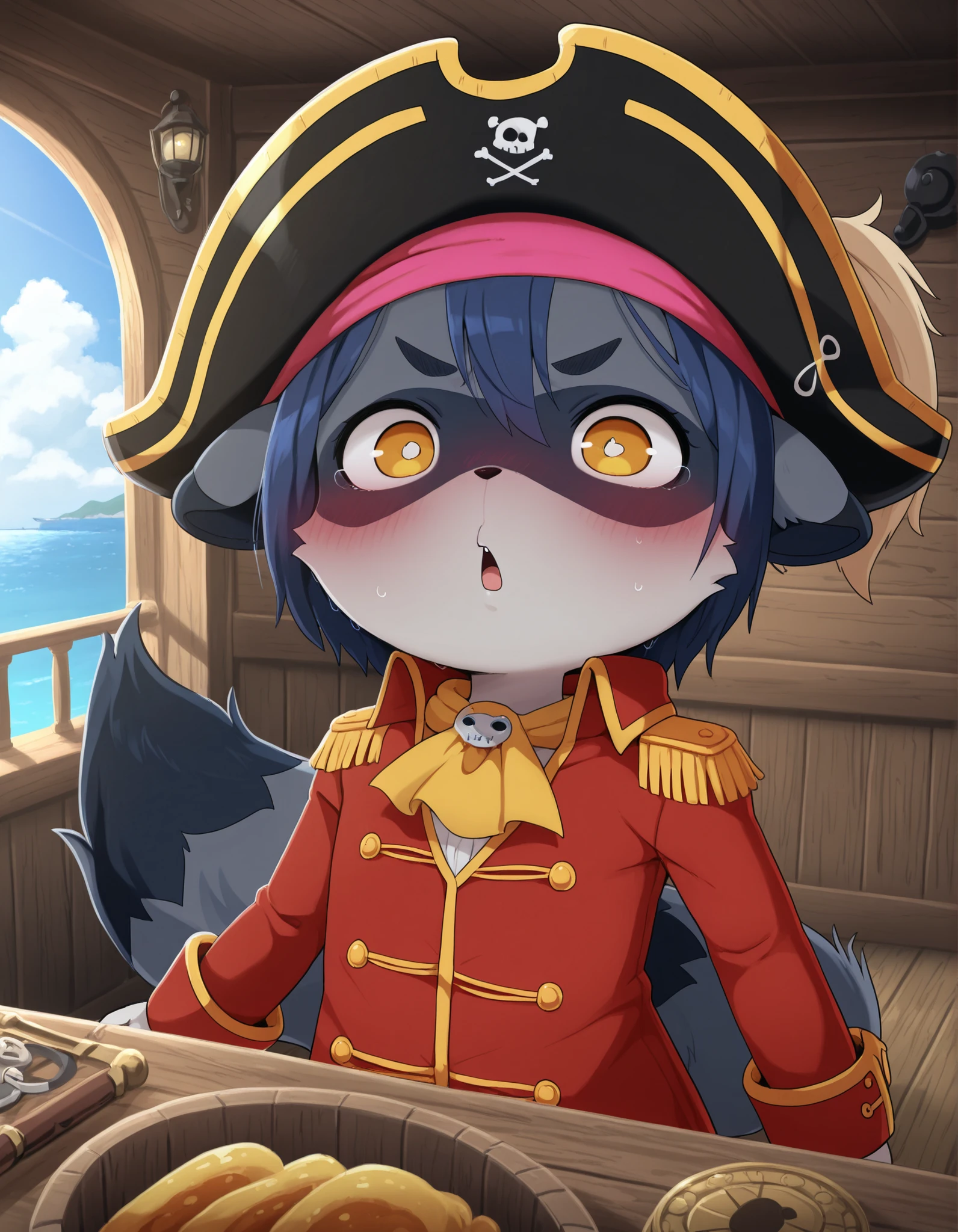 Dagashi,, solo, Lewd face, Insulted by pirates, pirates, pirate ship, raccoon, pirate outfit, safe,, indoors wooden ship, young