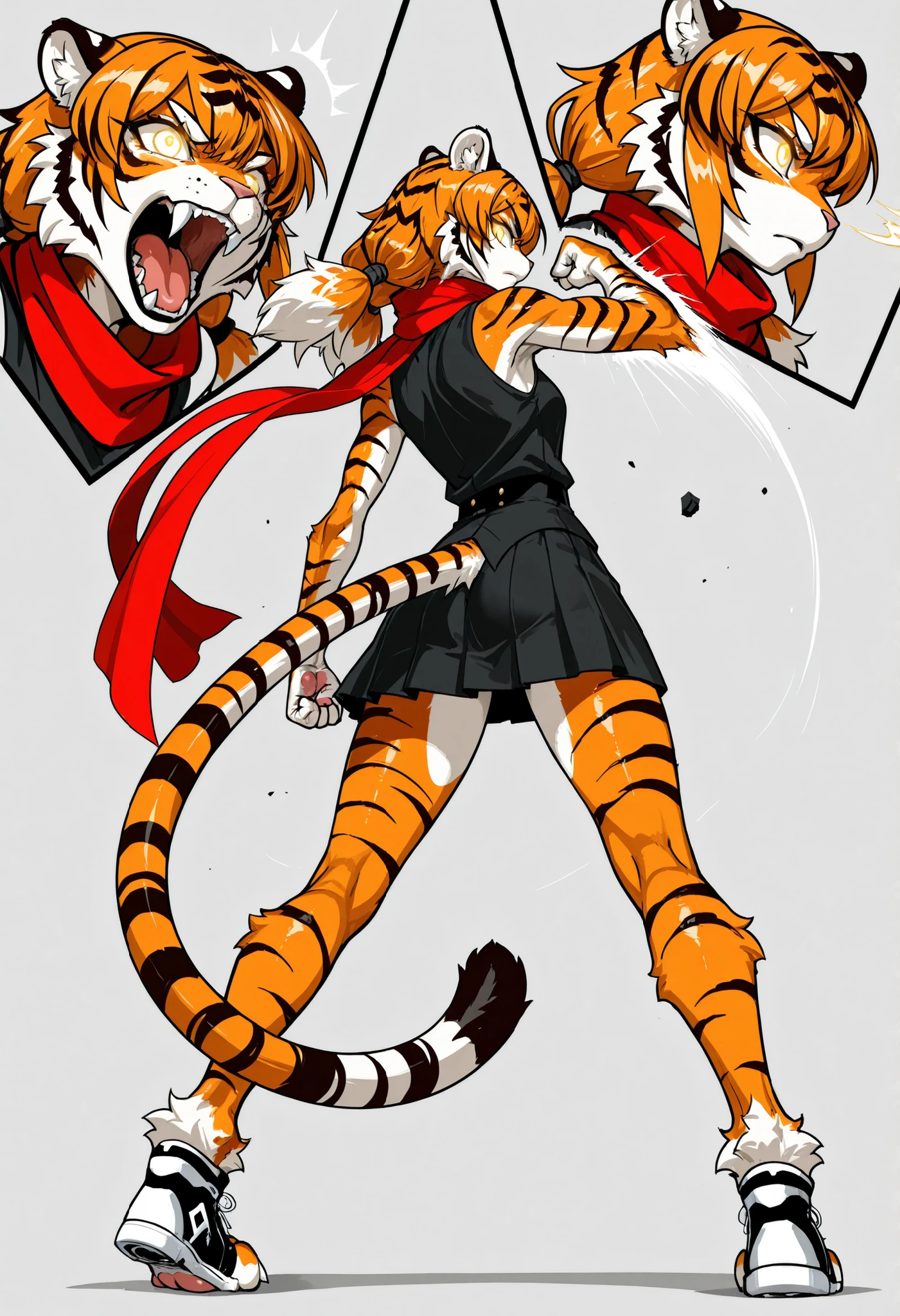1girl, lori,monster girl,orange Tiger girl,(((Furry Hands 腕,Furry Hands ,fur feet ))),(claw),Tiger_ear,Tiger_Tail,(unkempt hair),low twinTail,whole,Gold Eyes,Slit Student , red scarf,fist, profile ,Looking Back,serious,Open His Mouth, masterpiece:1.3,Highest Quality, as pictured, Ultra High Definition、 Highest Quality,super detailed, Resolution,Extremely Detailed CG,8k, standing,Stylish Poses, perspective, Extreme Perspective, brown skin、Brown-skinned woman、Blonde、Blondeストレートロングヘア、sharp eye、, whose lower back moves with pleasure, is looking here、Black Background、glowing eyes,Damaged Skin and Clothes,Fighting Poses,Dynamic Poses,threatening appearance,motion blur,punch,highly detailed hatching:1.2,accurate 5 fingers,face focus,Black Skirt,black tights for hypnosis,Sneakers,