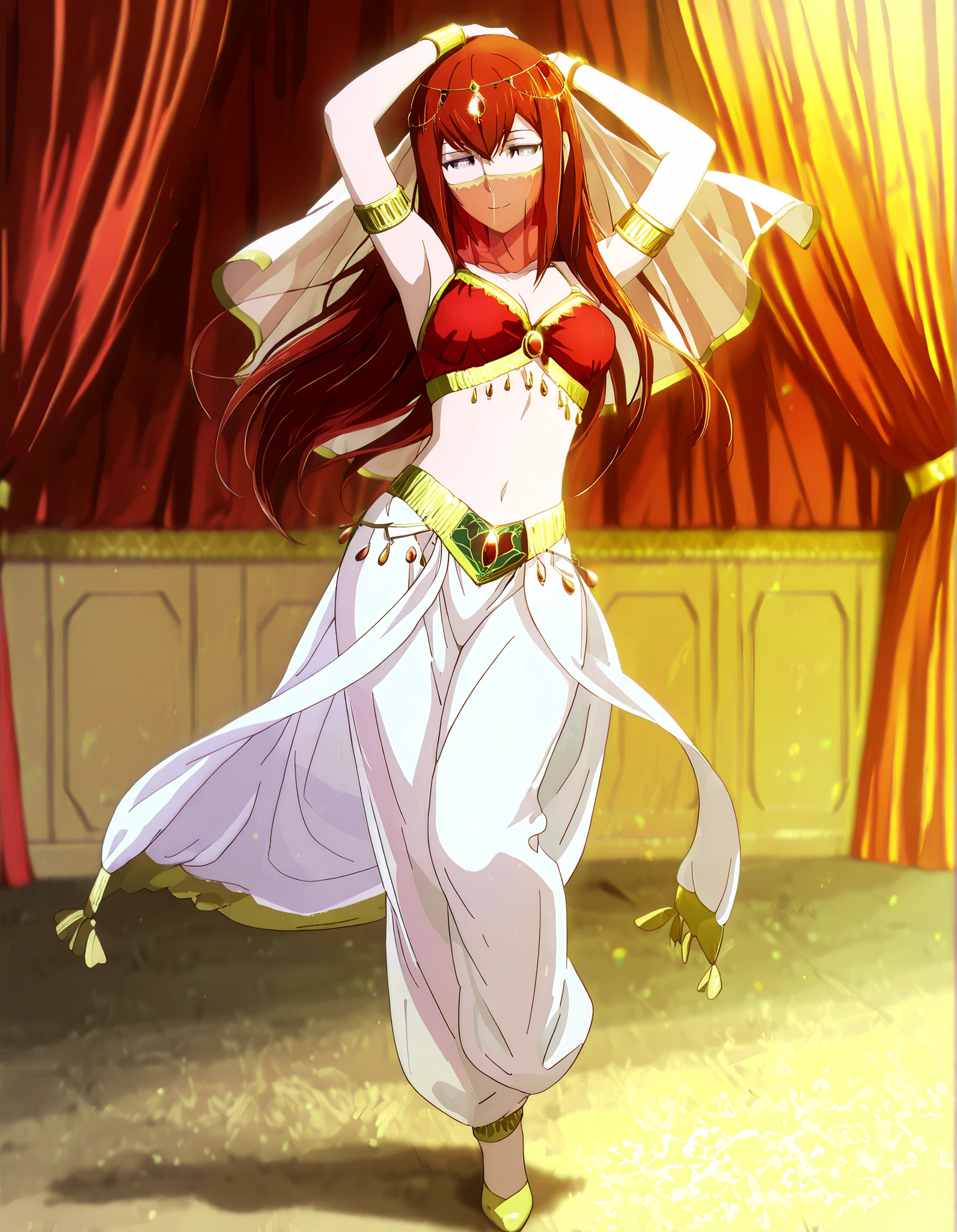 (1girl:1 . 5) , (Seul:1 . 5) , score_9 , score_8_haut , score_7_haut , source_anime , Official work , ultra-detailed , masterpiece , best quality , high resolution , beaux yeux , detailed eyes , Detailed face , beautiful detailed eyes,1girl,:blue_eyes, red_hair, long_hair,Steins;Gate,Makise Kurisu,Arabian Clothes , Arabian Dancer Outfit ,belly dancer costume,belly dancer outfit ,full body,golden jewelery,mouth veil,armlet, belly dancing,arabian theater,seductive smile, dancing with veil, dynamic movement,dance posture, seductive pose