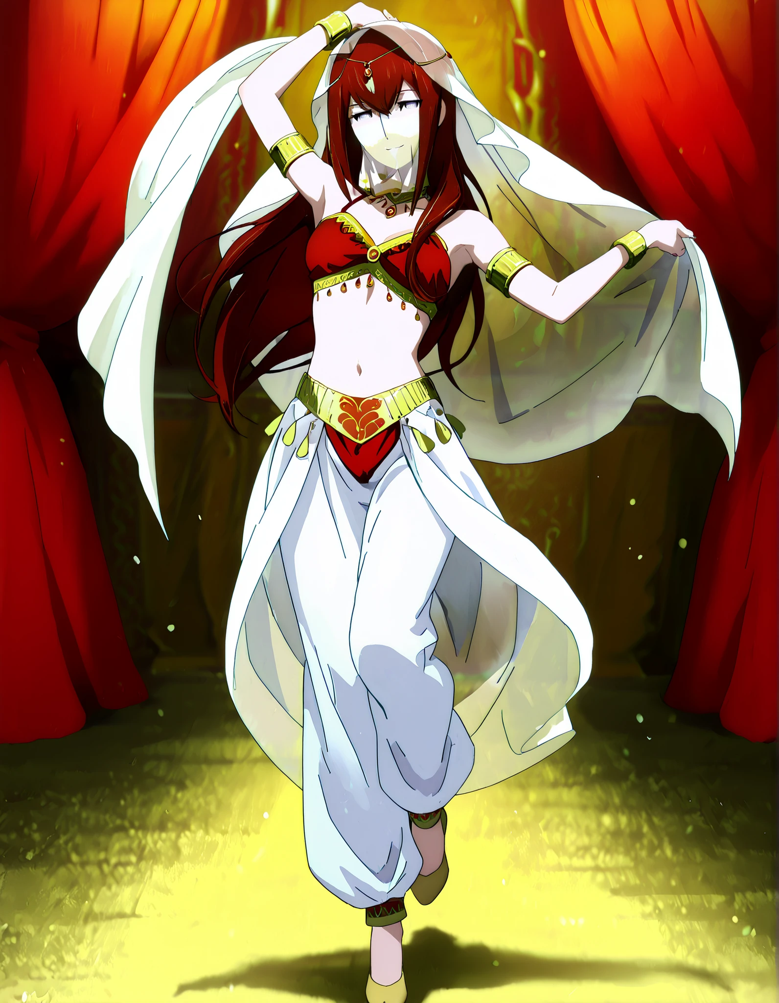 (1girl:1 . 5) , (Seul:1 . 5) , score_9 , score_8_haut , score_7_haut , source_anime , Official work , ultra-detailed , masterpiece , best quality , high resolution , beaux yeux , detailed eyes , Detailed face , beautiful detailed eyes,1girl,:blue_eyes, red_hair, long_hair,Steins;Gate,Makise Kurisu,Arabian Clothes , Arabian Dancer Outfit ,belly dancer costume,belly dancer outfit ,full body,golden jewelery,mouth veil,armlet, belly dancing,arabian theater,seductive smile, dancing with veil, dynamic movement,dance posture, seductive pose