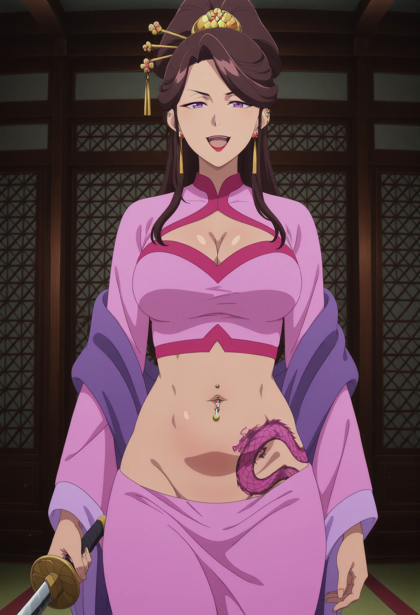 masterpiece, best quality, amazing quality, 1girl,
 KJOasis, brown hair, purple eyes, half updo, double hair bun, hair ornament, swept bangs, lipstick, hair stick,
Pink kimono, purple shawl, wide sleeves, 
, serious,  looking at viewer, slim belly,
east asian architecture, indoors, , curtains,holding sword, 
medium large Breasts, mature female,  ear piercing, long hair, , lipstick,Hot girl, baddie, , sensual, attractive ,, masterpiece,high
quality,4k,belly,,,cleavage, ,, smile, open
mouth, (nsfw) not safe for work, evil expression,belly, exposed navel, exposed midriff, cleavage cutout, ,
exposed lower belly,, dragon tattoo on waist, narrowed eyes, tattoo on waist, anipai_style , anime screencap , anime coloring, v-shape eyebrows,,, navel piercing